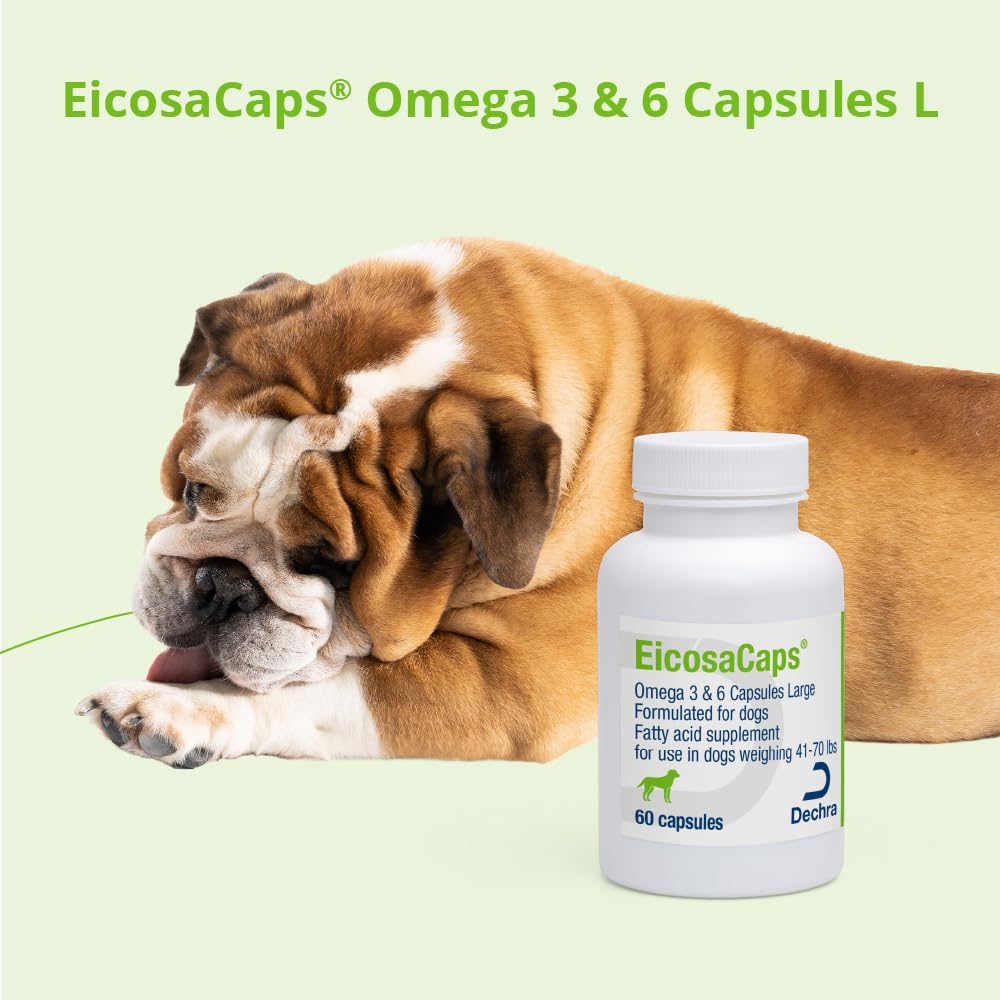 EicosaCaps Omega-3 Animal Nutritional Supplement capsules on a wooden surface