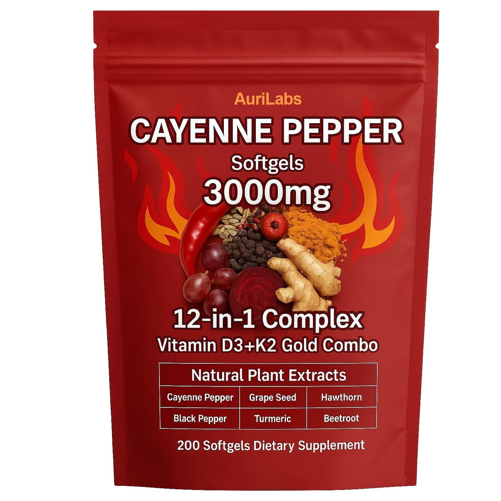 EILTEAU Cayenne Pepper Supplement 200 softgels front view