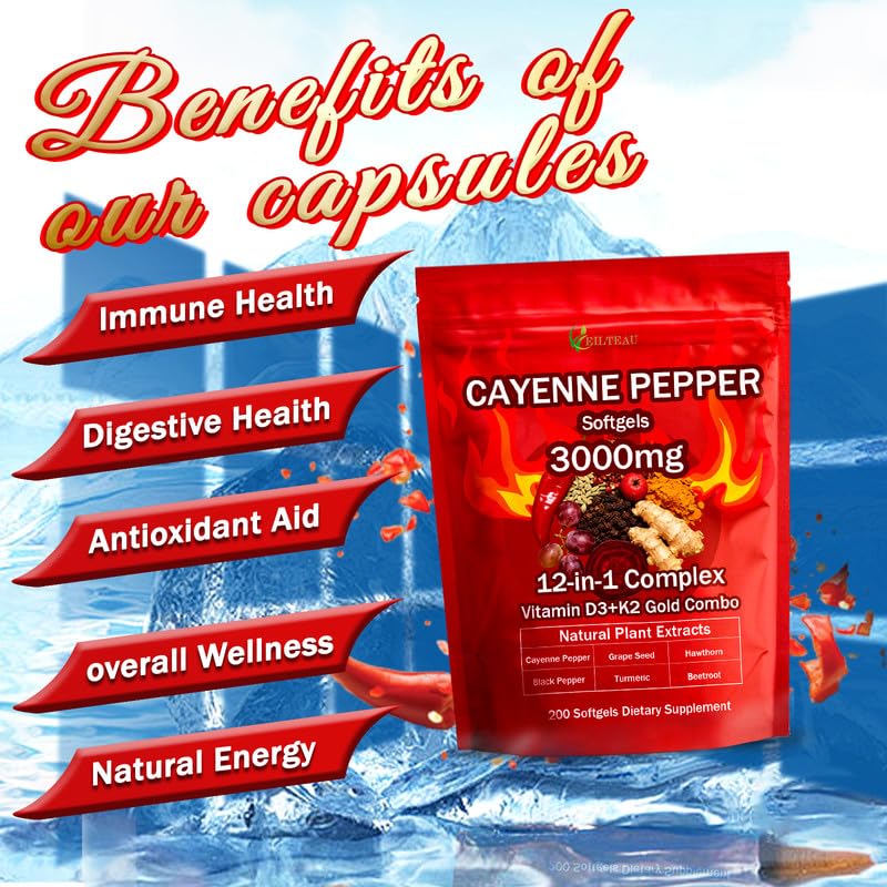 EILTEAU Cayenne Pepper Supplement 200 softgels side view