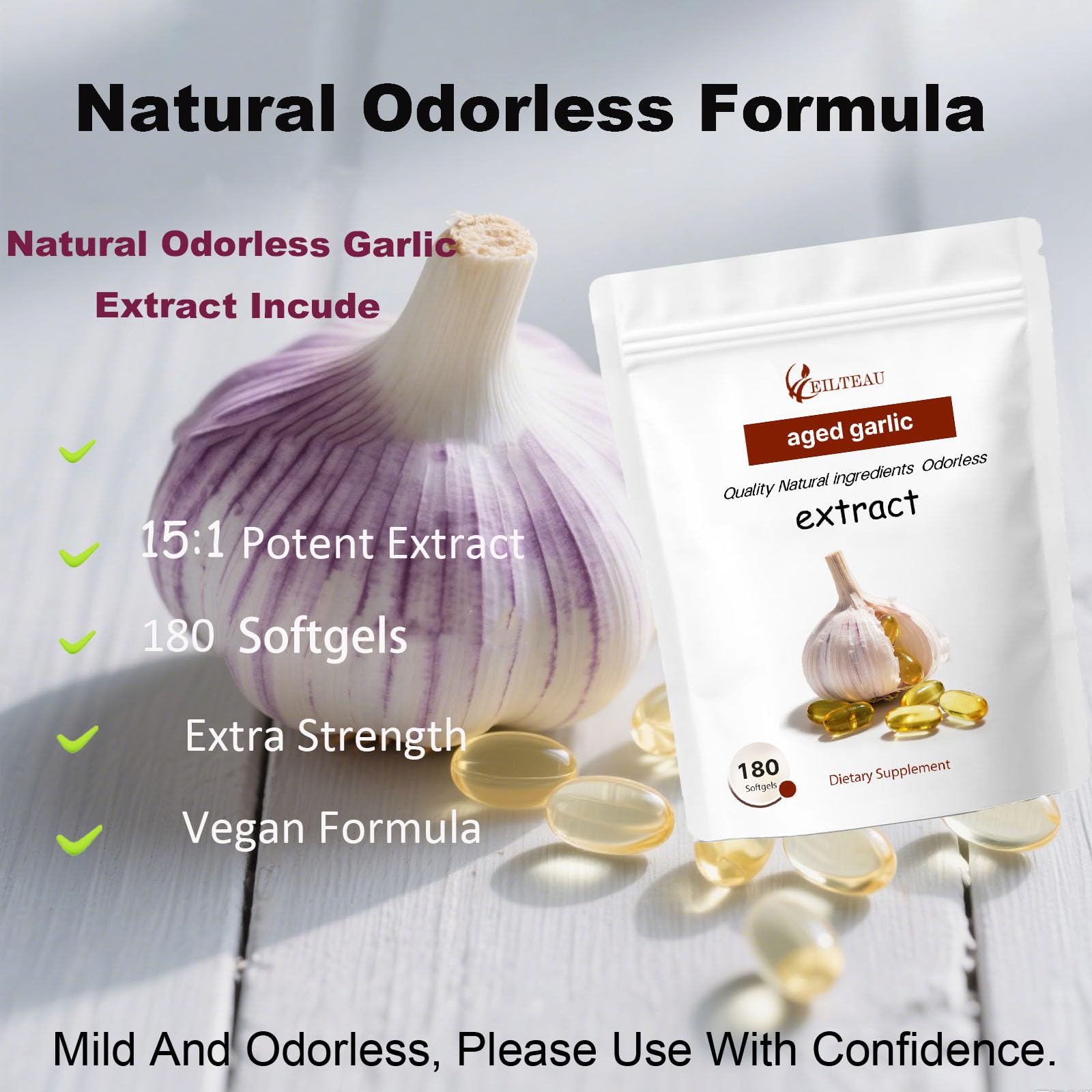 EILTEAU Garlic Supplement 15:1 Extract 360mg packaging side view