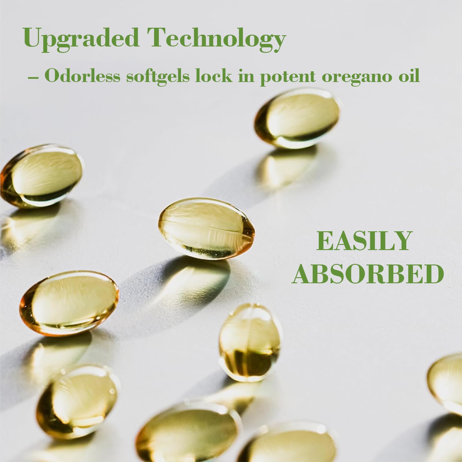 EILTEAU Oregano Oil Softgels displayed with a measuring spoon