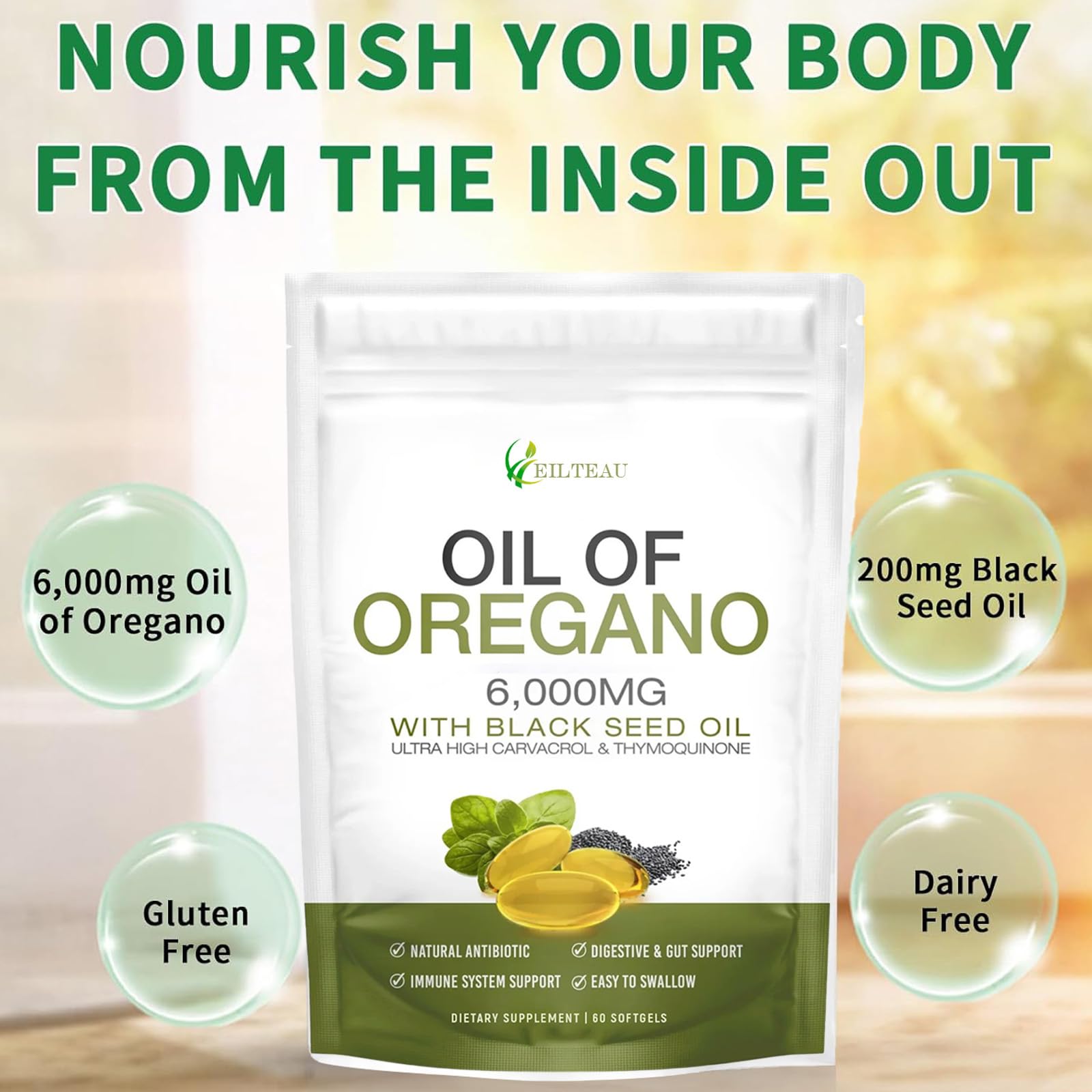 EILTEAU Oregano Oil Softgels showing softgel capsules