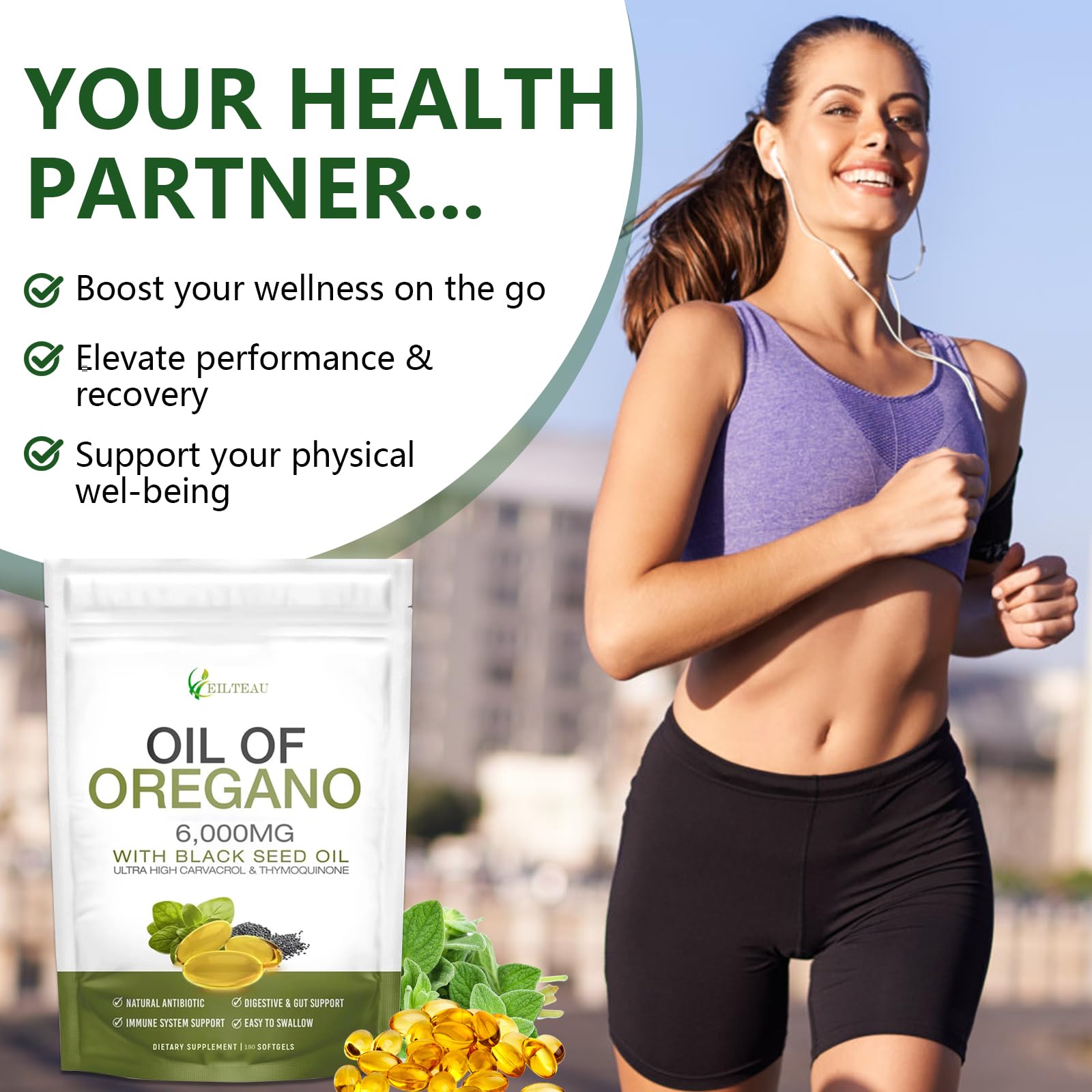 EILTEAU Oregano Oil Softgels with a fresh oregano leaf