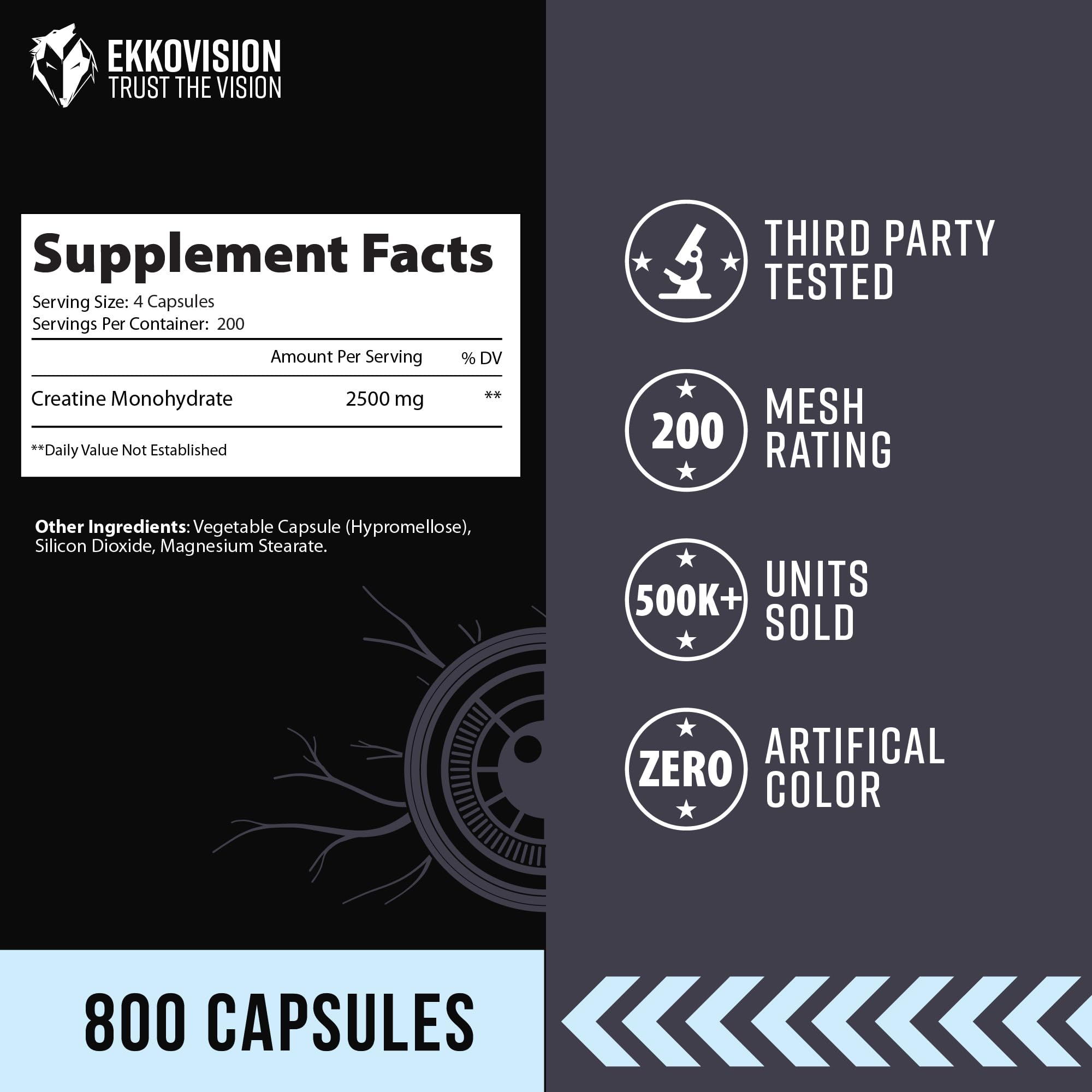 Ekkovision Creatine Monohydrate Capsules back view with ingredient list