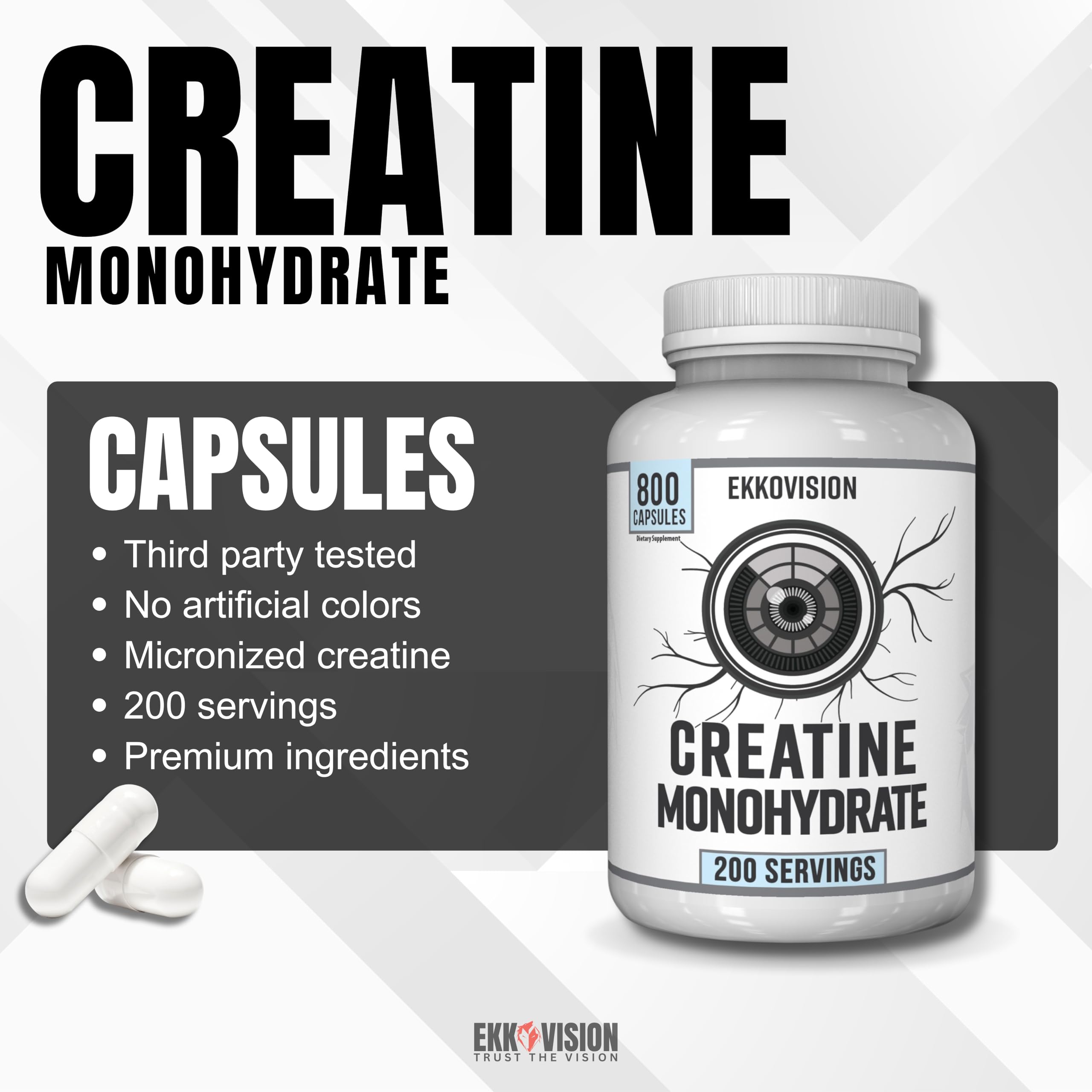Ekkovision Creatine Monohydrate Capsules side view showing dosage information