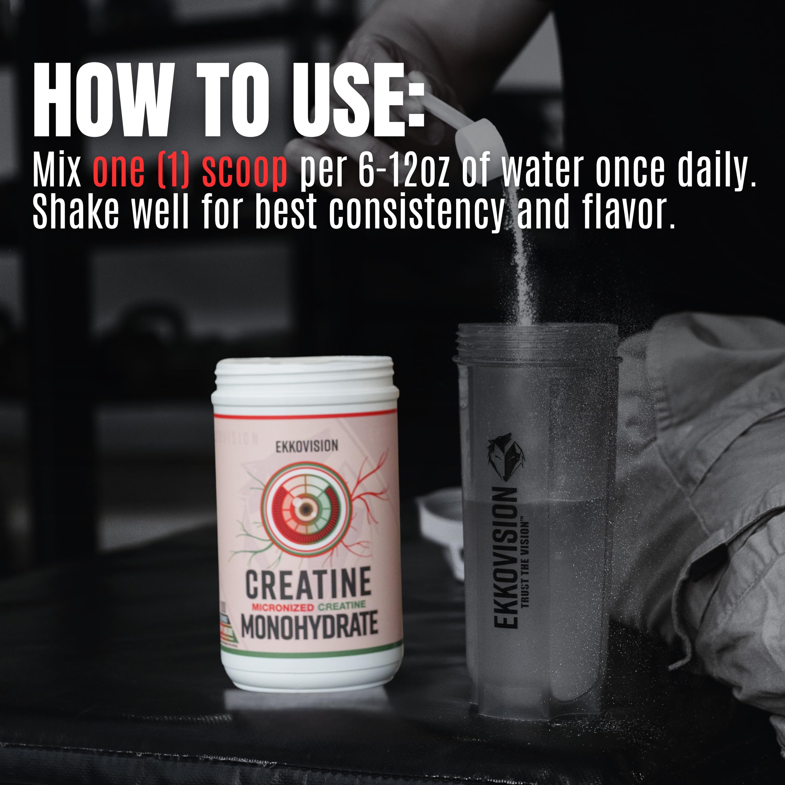 Ekkovision Creatine Monohydrate container with serving scoop