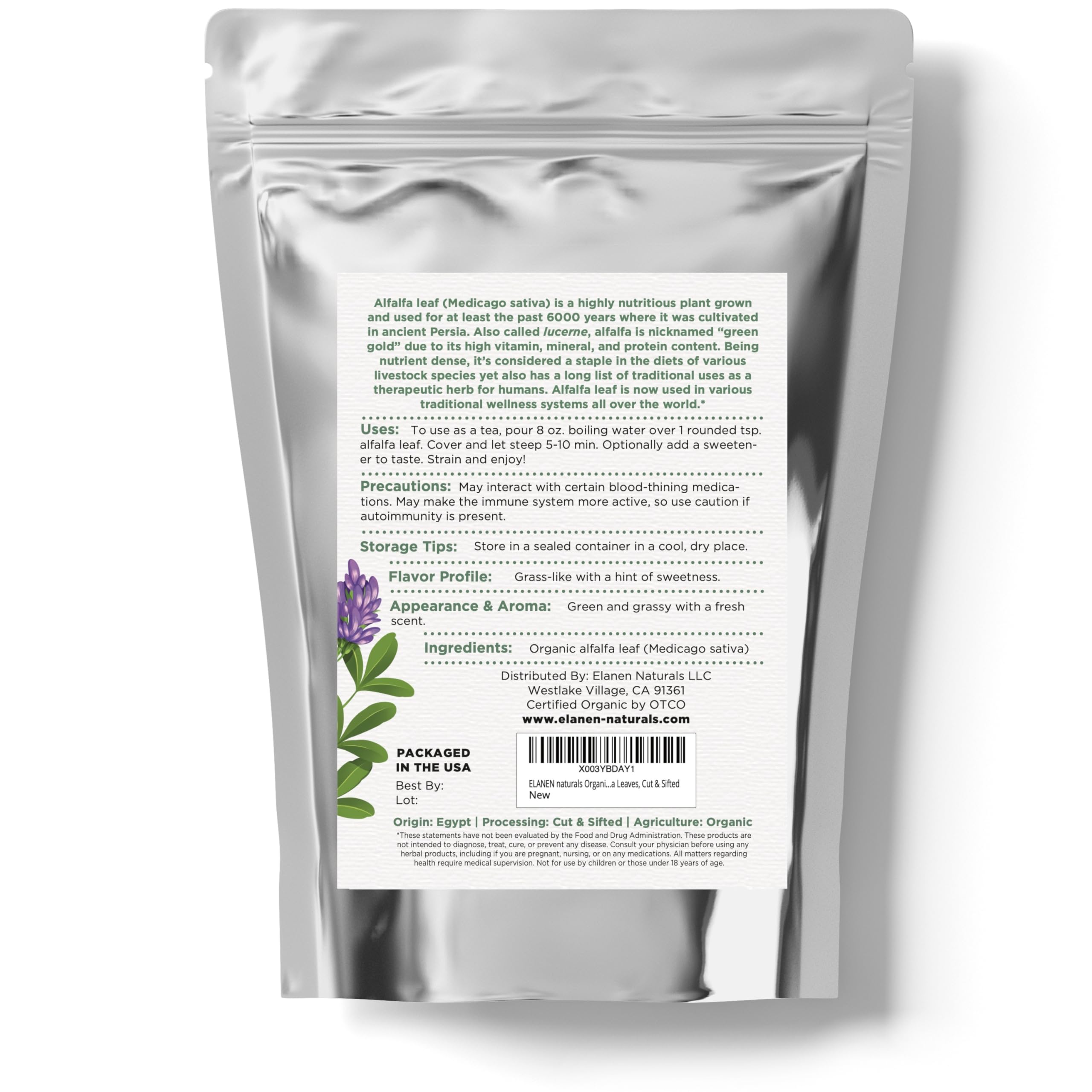 Elanen Naturals Alfalfa Leaf Herb 113g on a wooden table