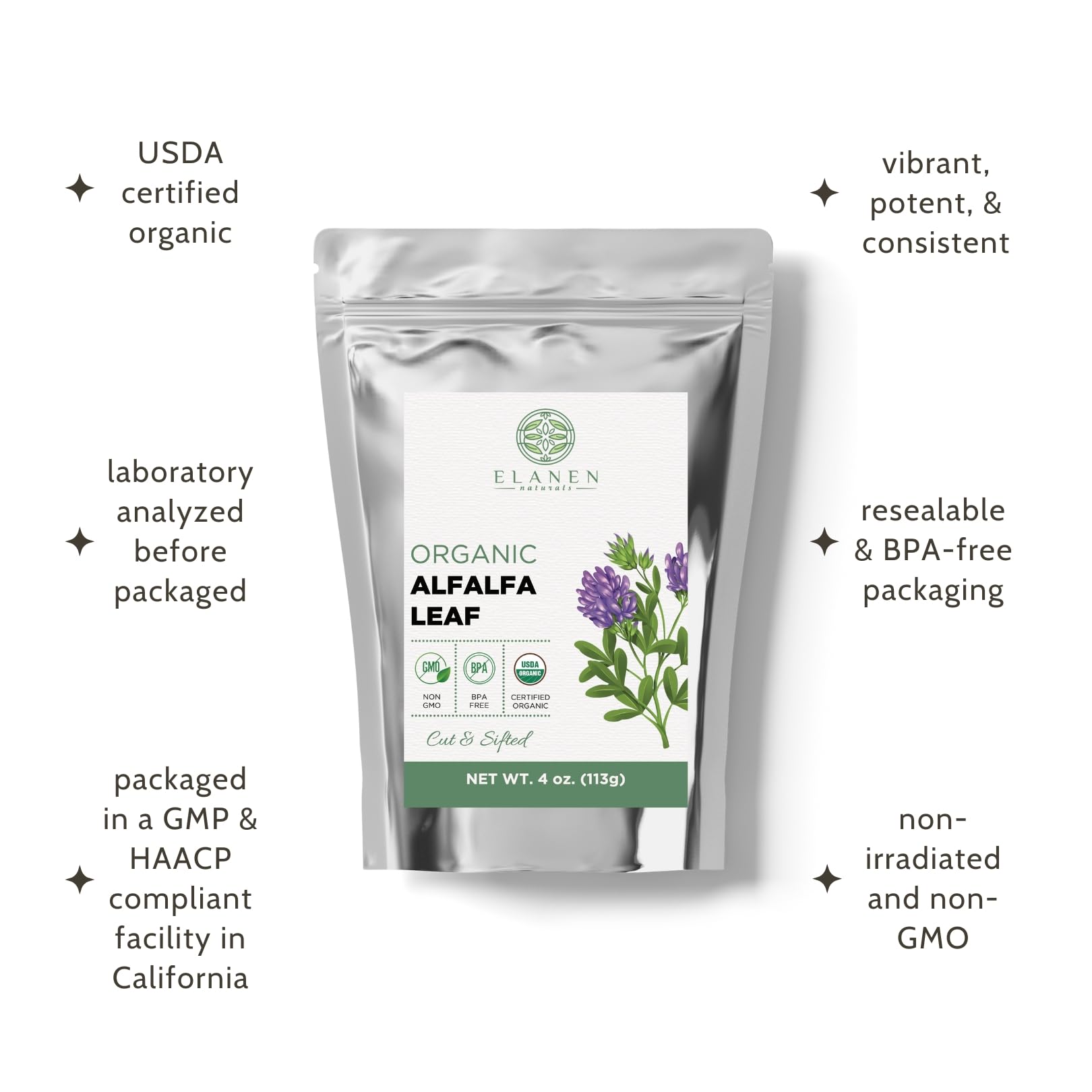 Elanen Naturals Alfalfa Leaf Herb 113g resealable bag