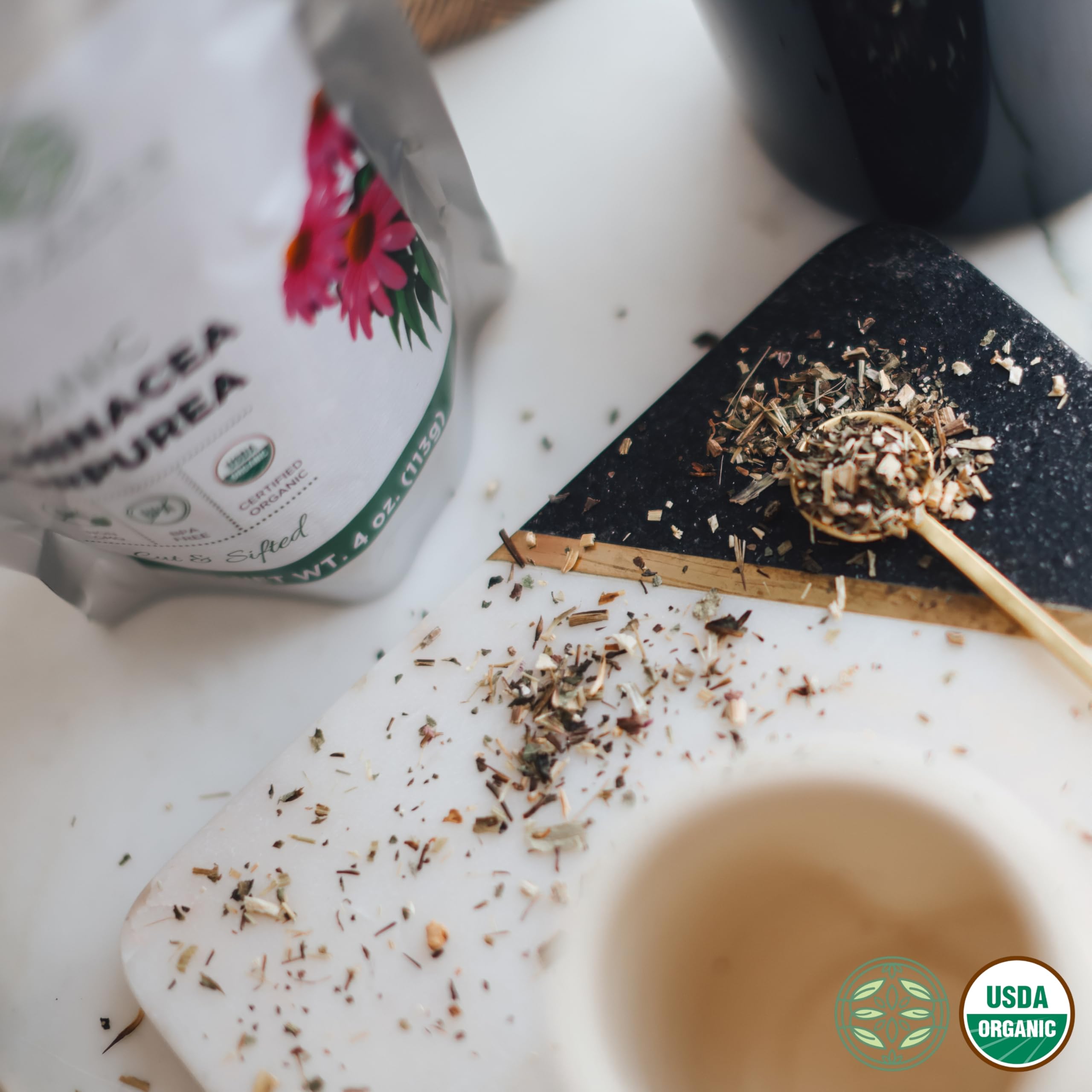 Elanen Naturals Organic Echinacea Purpurea Herb on a wooden table