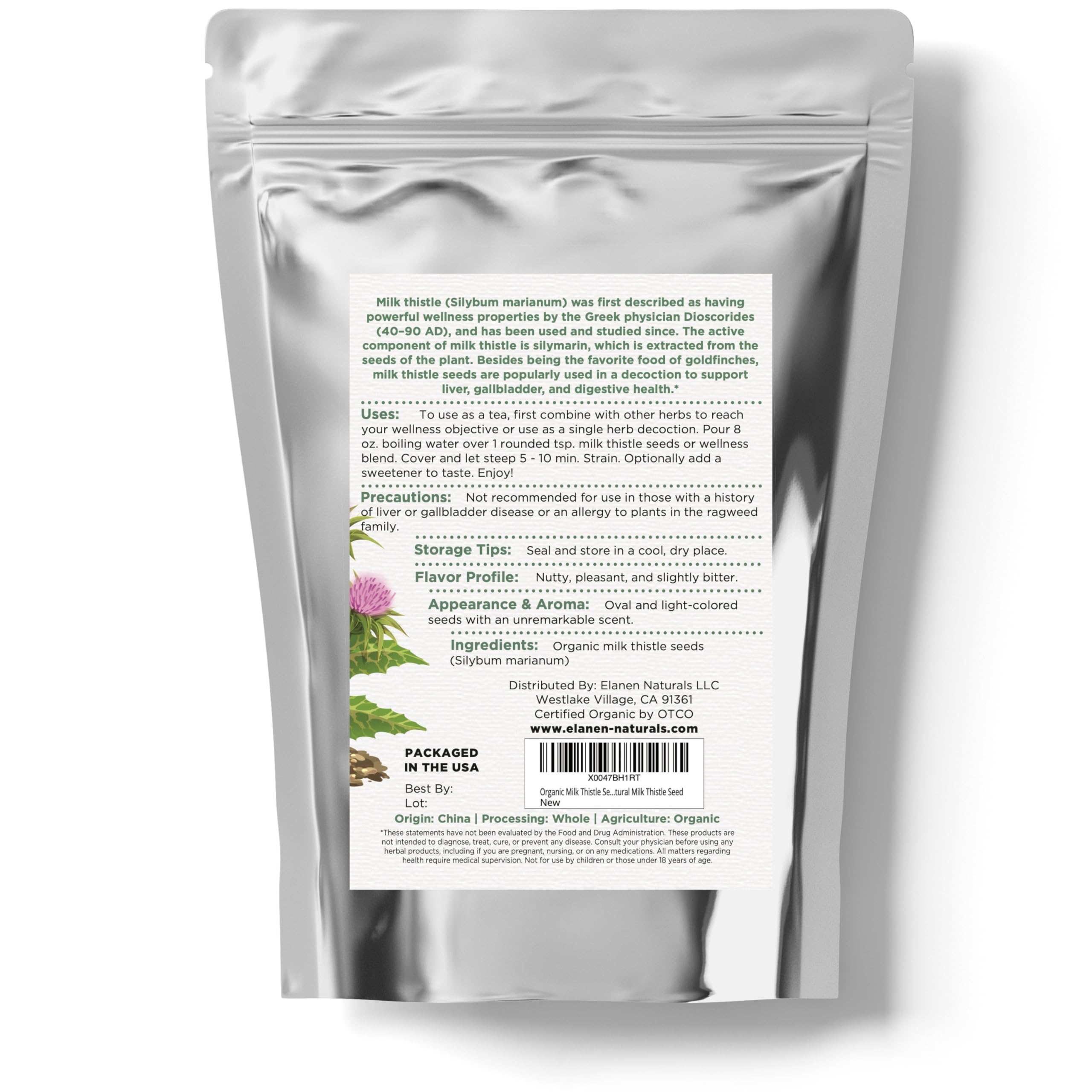 Elanen Naturals Organic Milk Thistle Seeds displayed with other herbal supplements