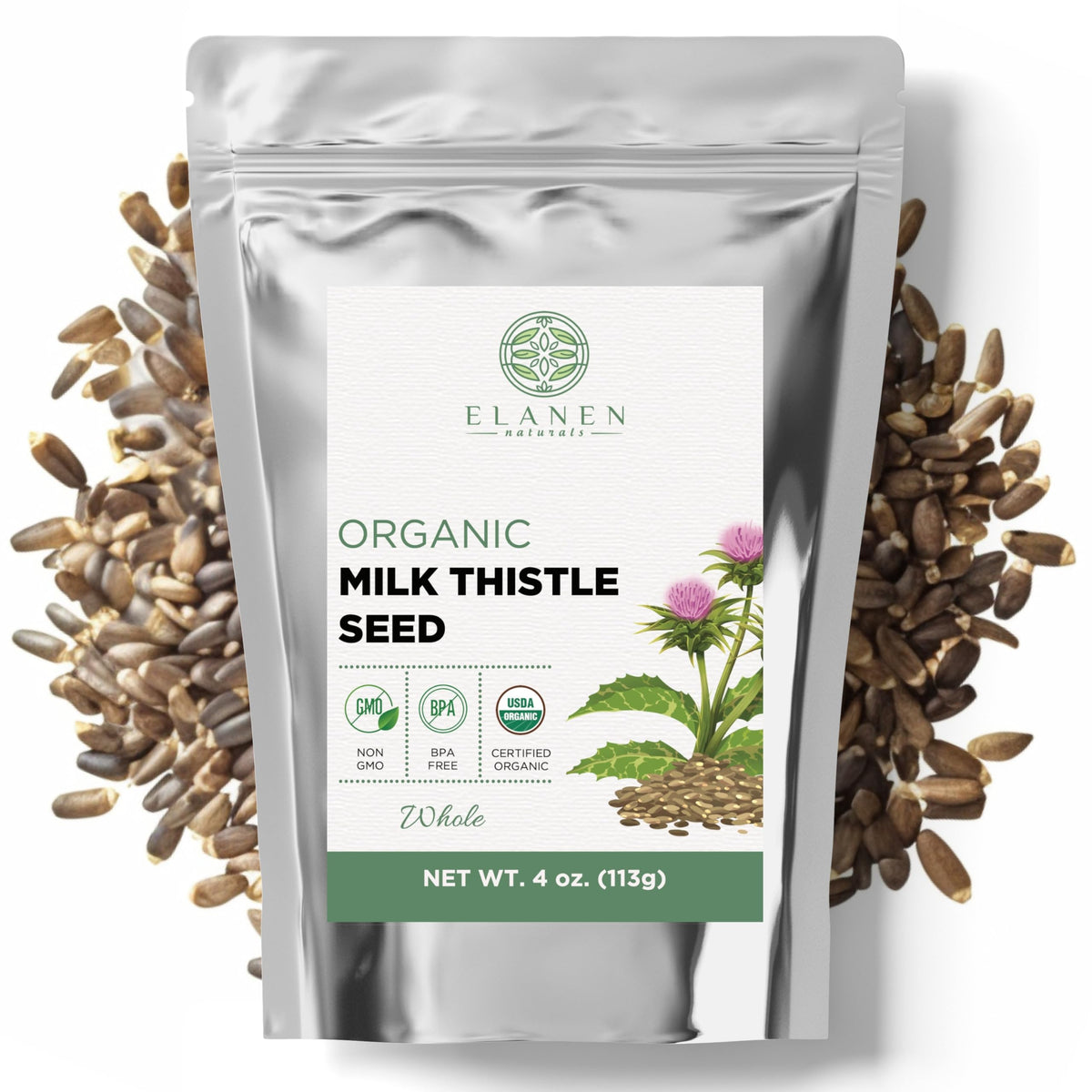 Elanen Naturals Organic Milk Thistle Seeds front view packaging