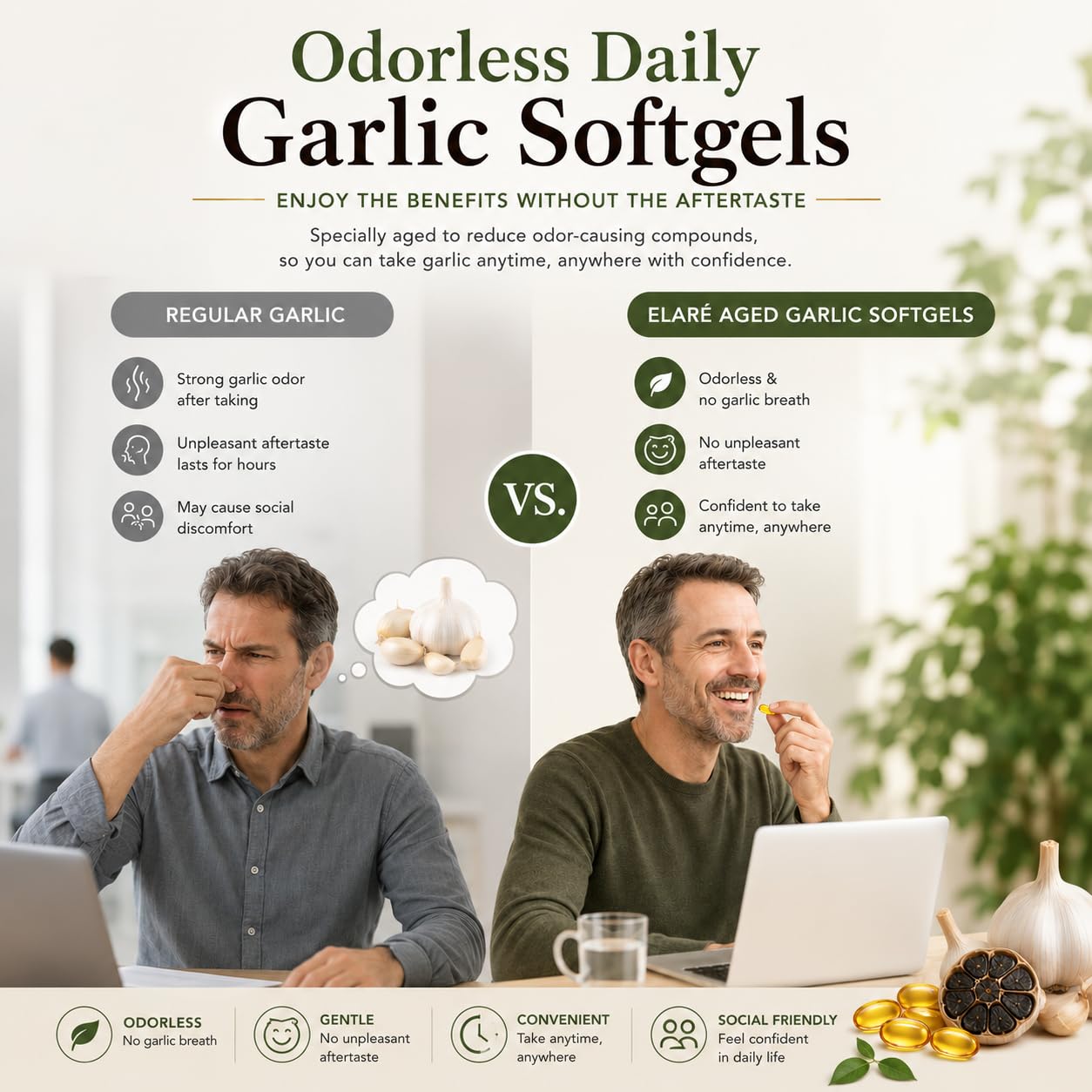 ELARE Aged Garlic Extract Softgels in a lifestyle setting