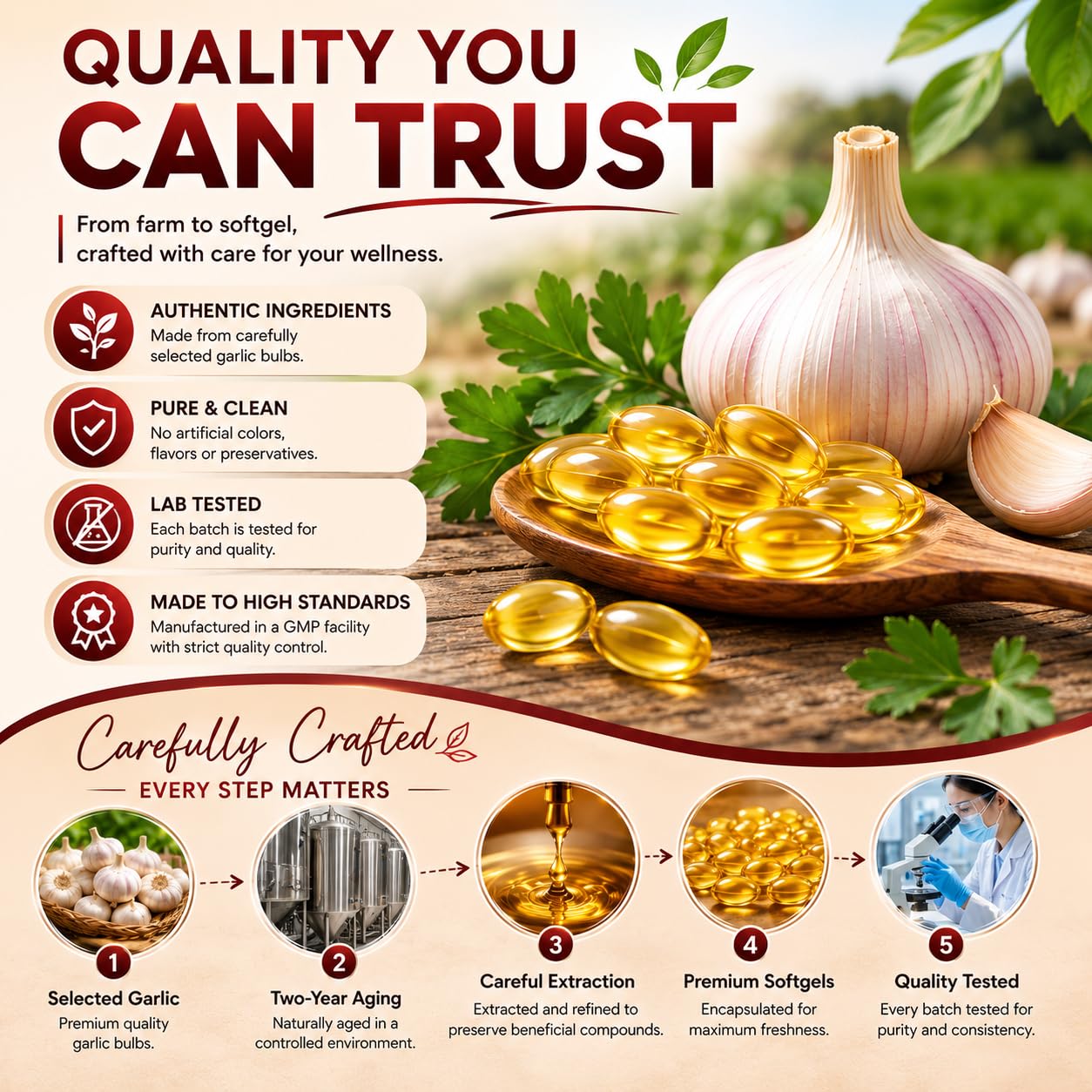 ELARE Aged Garlic Extract Softgels on a wooden table