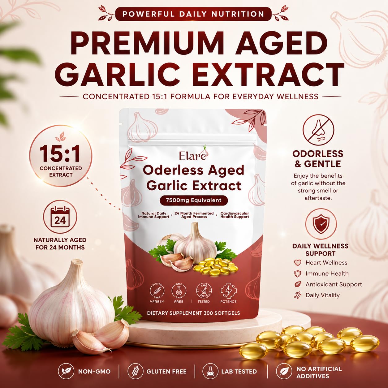 ELARE Aged Garlic Extract Softgels packaging side view