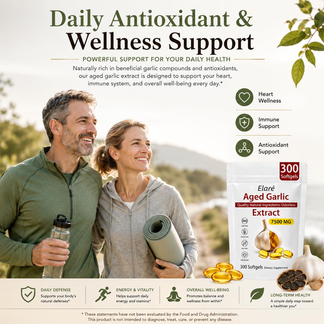 ELARE Aged Garlic Extract Softgels with a clean background