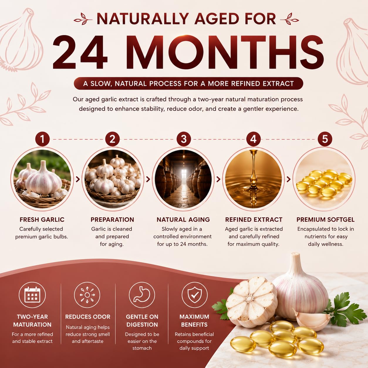ELARE Aged Garlic Extract Softgels with a measuring spoon