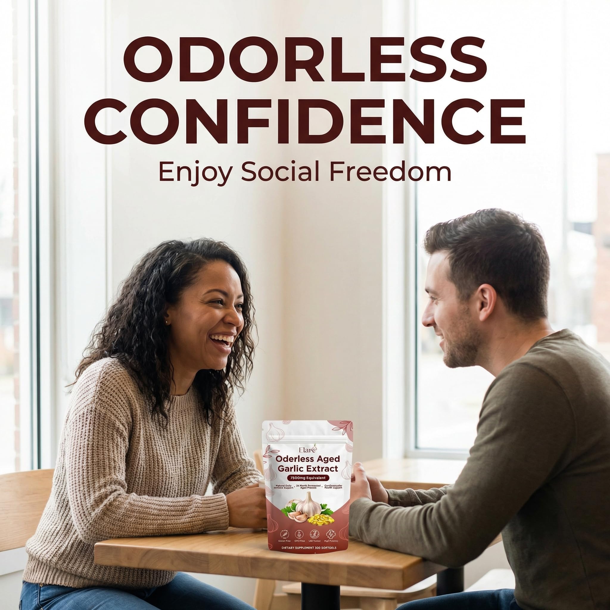 ELARE Odourless Garlic Softgels lifestyle scene with a glass of water