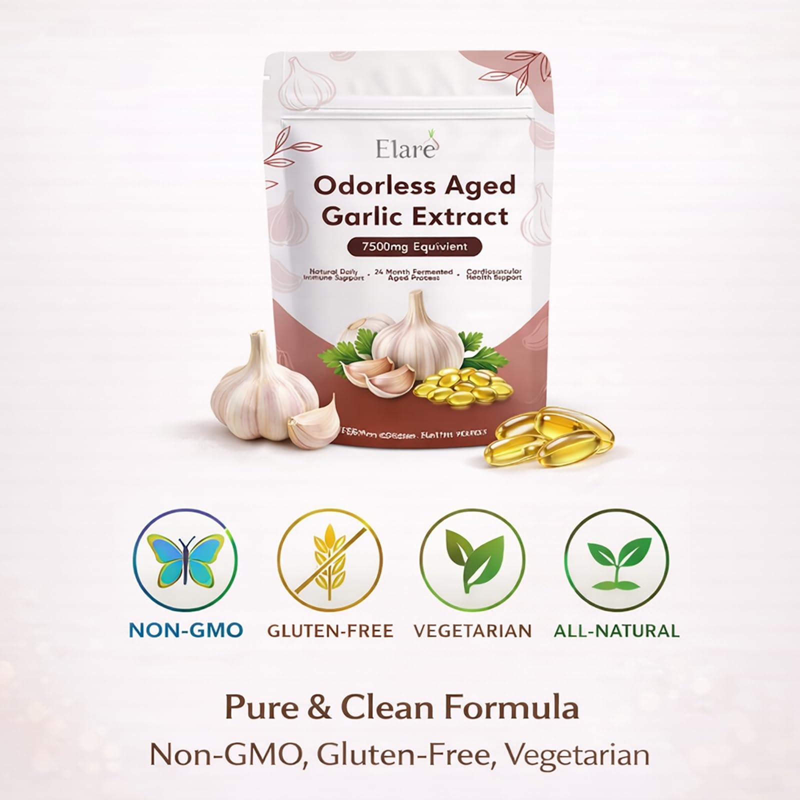 ELARE Odourless Garlic Softgels on a wooden table