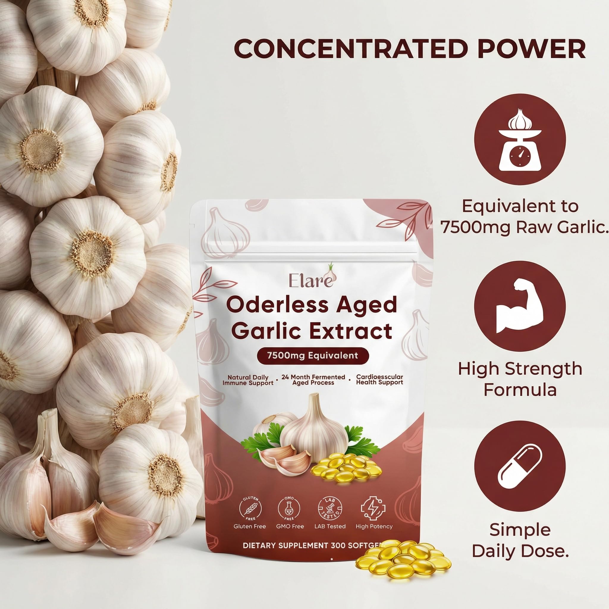 ELARE Odourless Garlic Softgels showing softgel size and texture