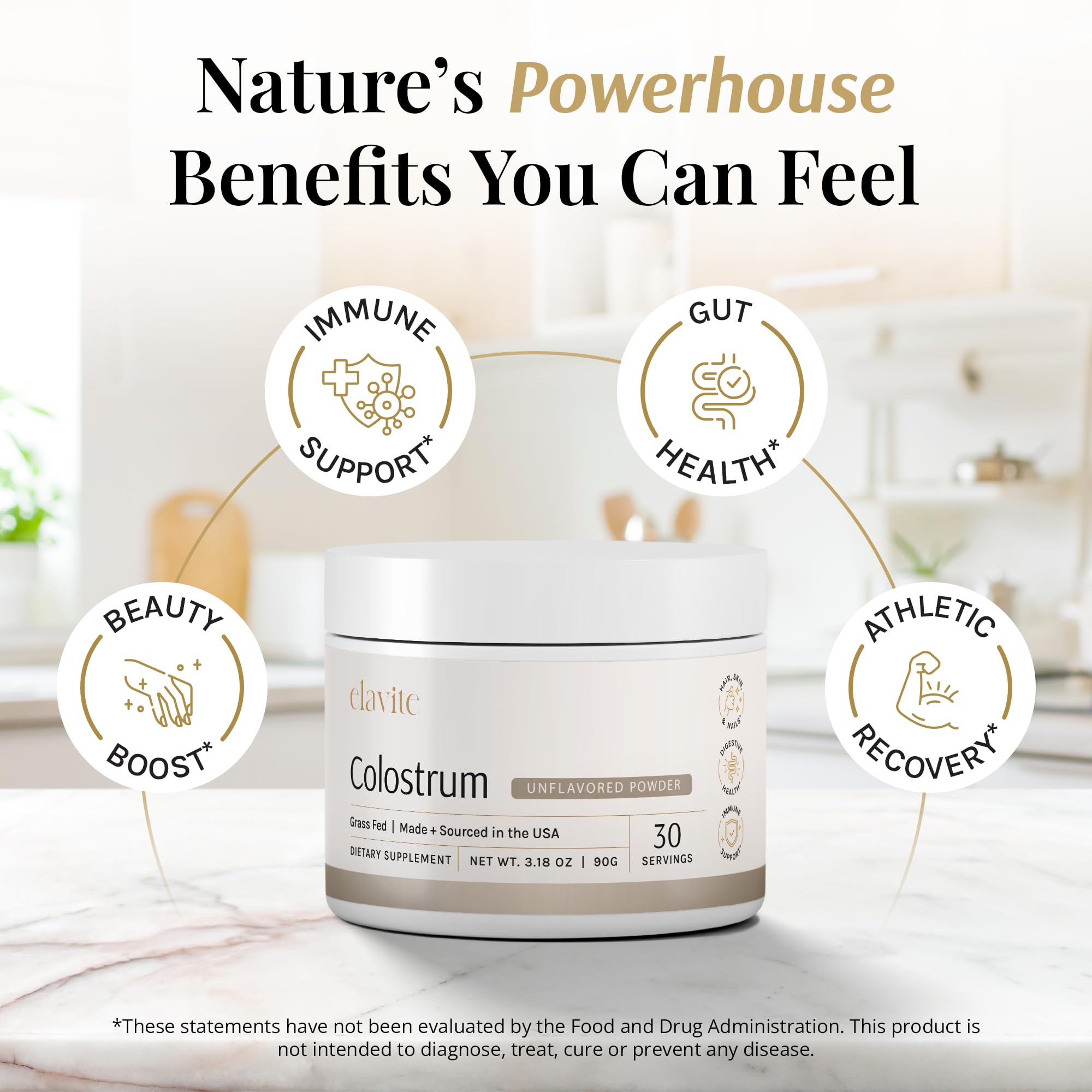 Elavite colostrum powder in a glass of smoothie