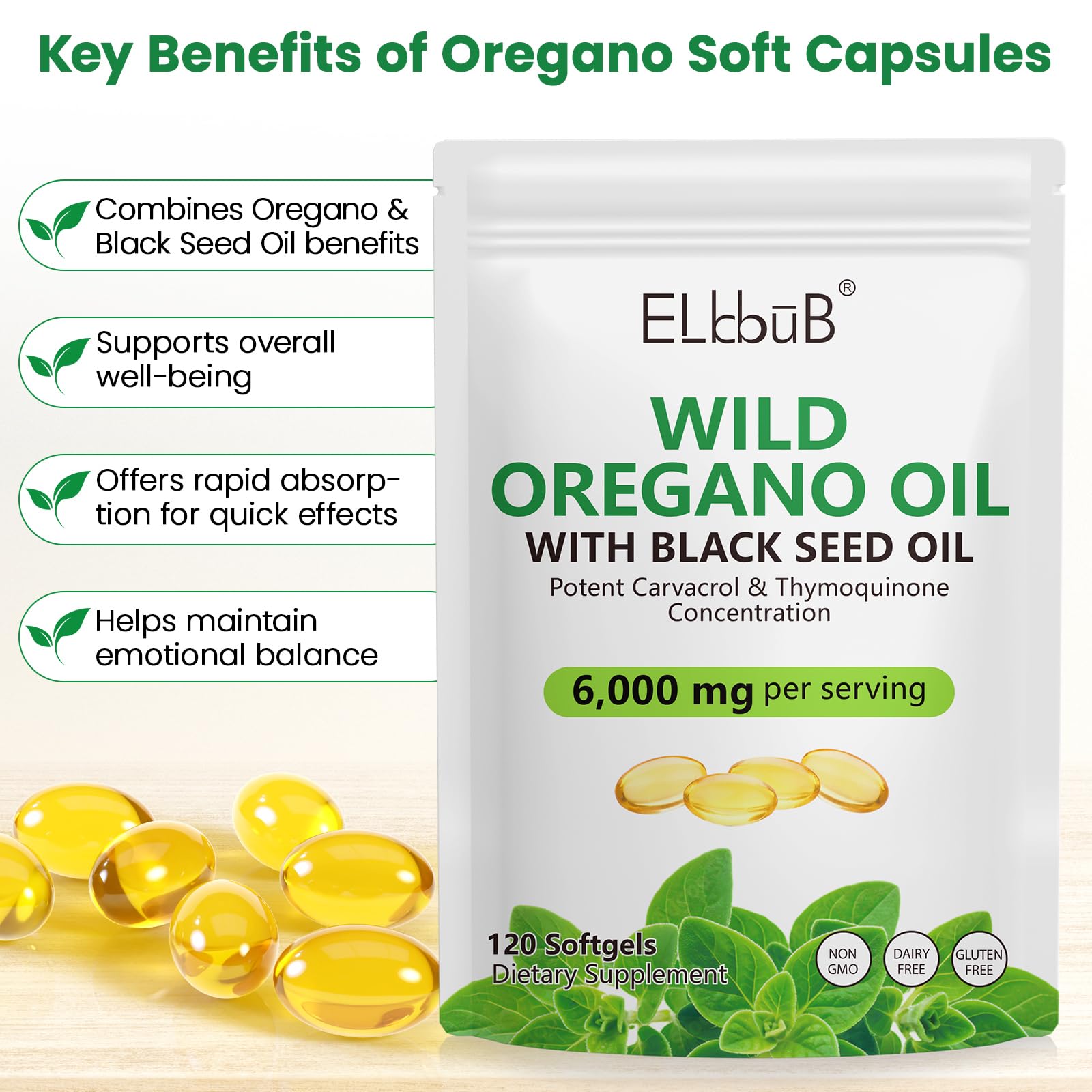 ELBBUB Oregano Oil with Black Seed Oil softgel capsules in hand