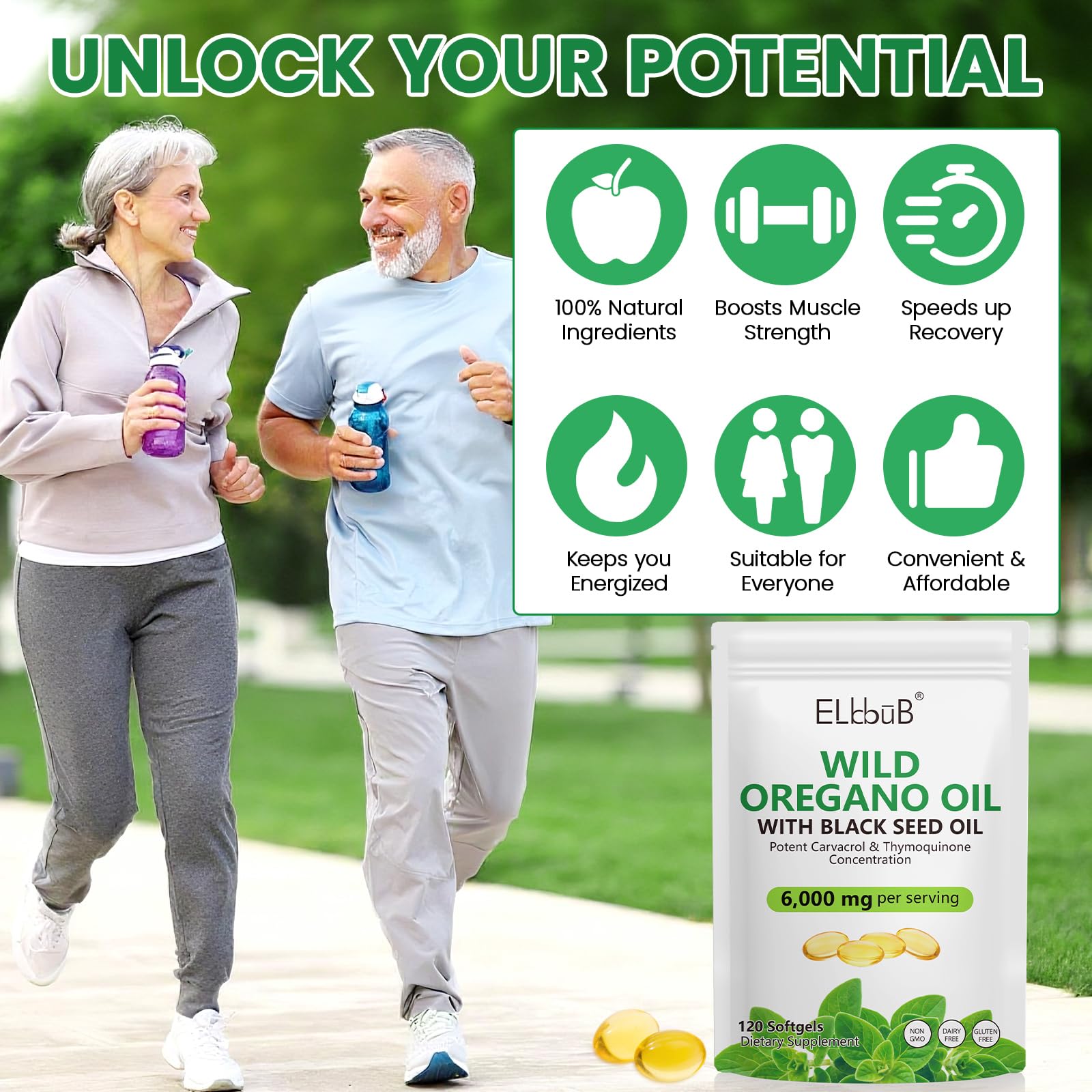 ELBBUB Oregano Oil with Black Seed Oil softgels on a table