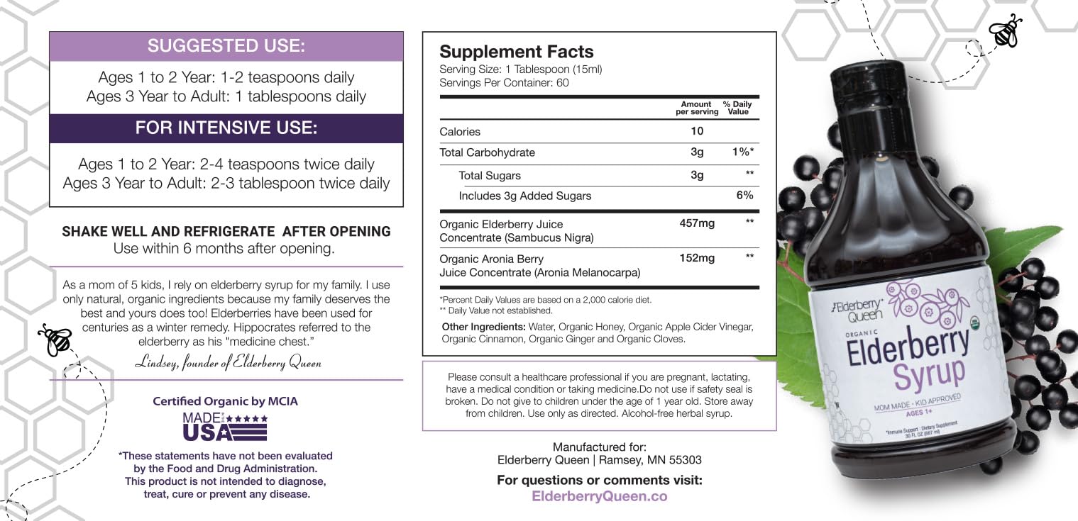 Elderberry Queen Elderberry Syrup 850g with ingredients list
