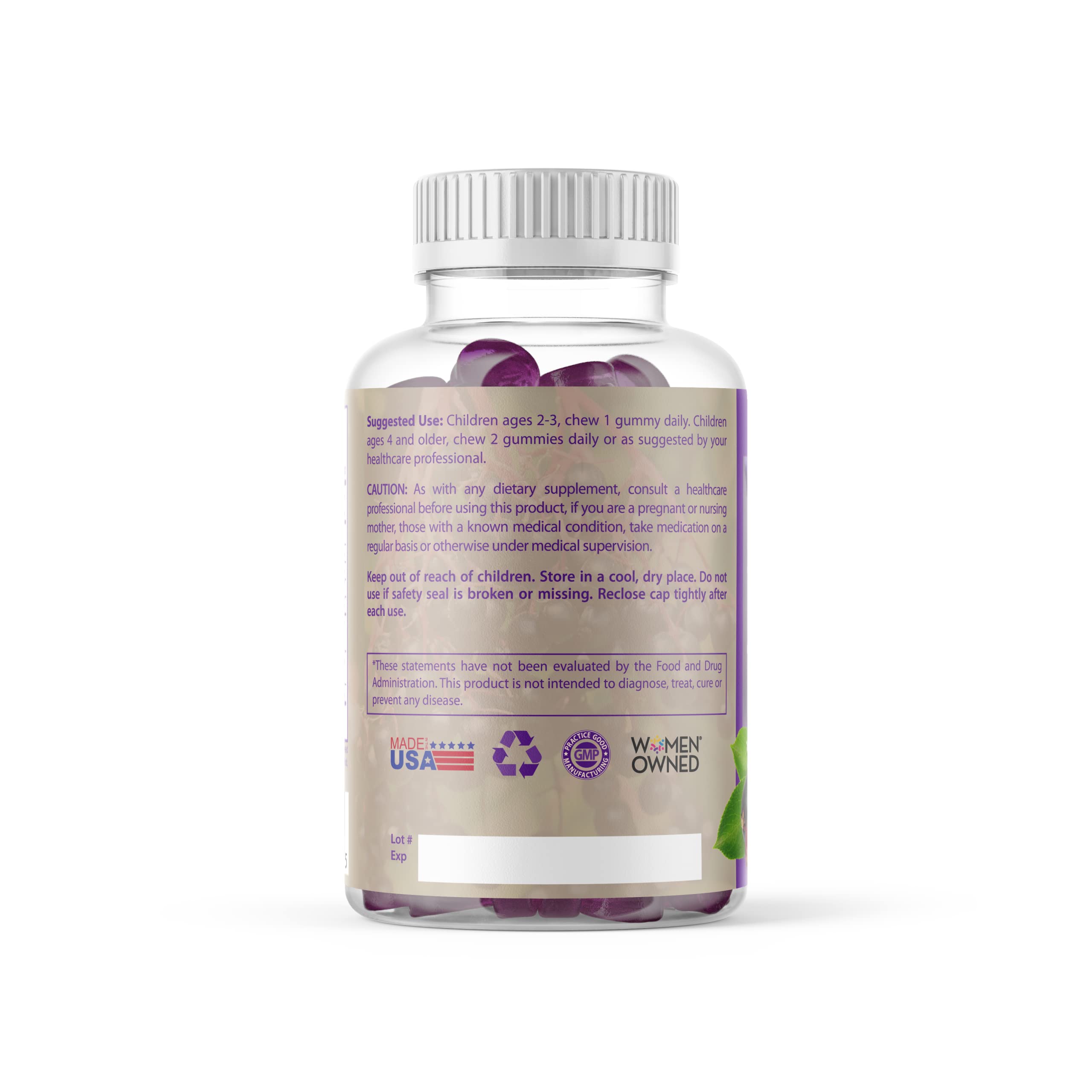 Elderberry Queen Gummies non-GMO and gluten-free label