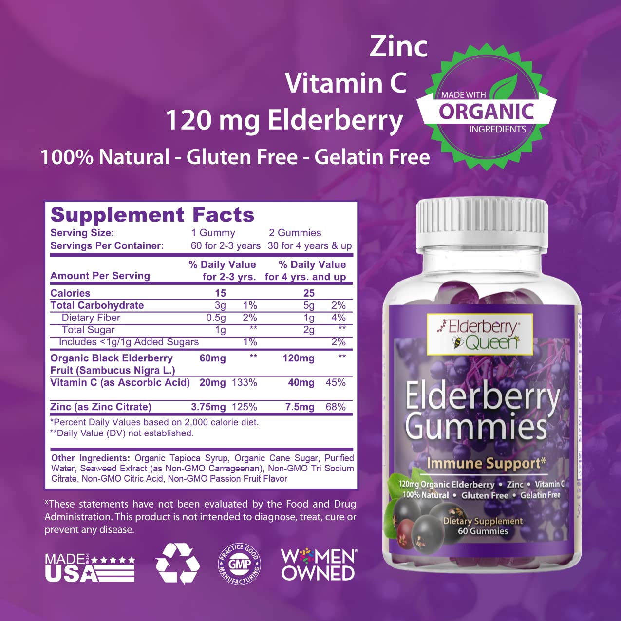 Elderberry Queen Gummies showing organic ingredients label