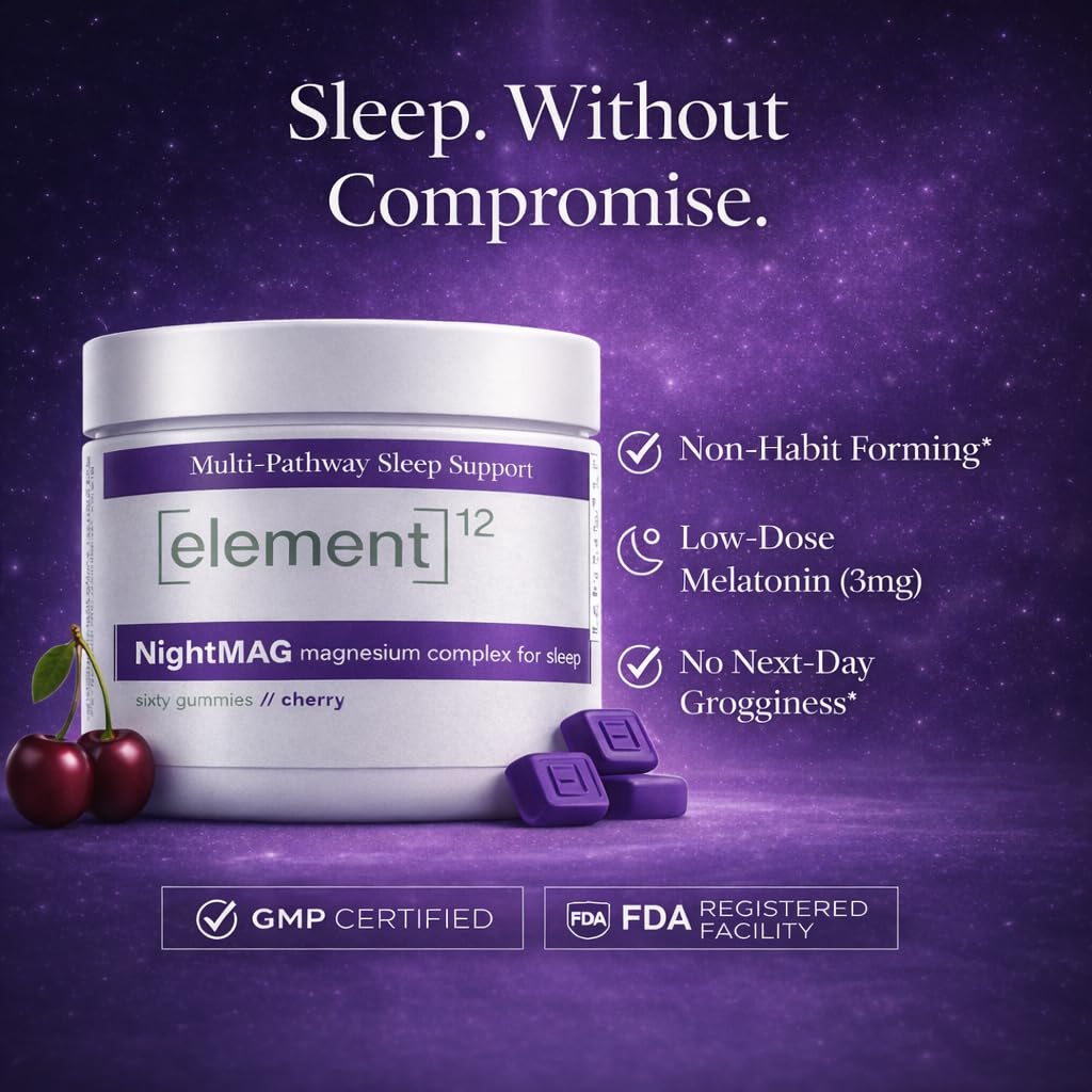 ELEMENT12 NightMAG Magnesium Gummies with a glass of water