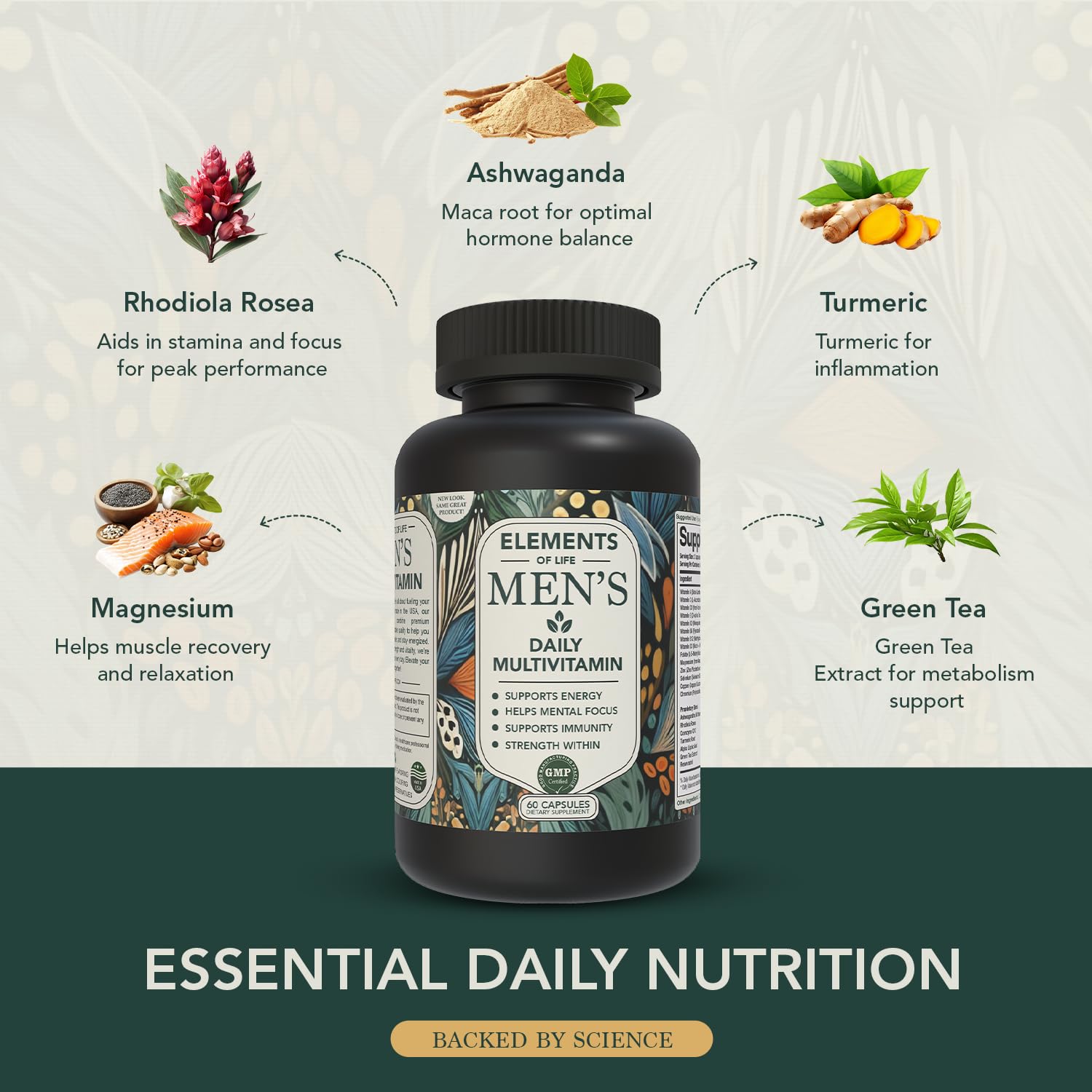 Elements of Life Multivitamins for Men lifestyle scene with other supplements