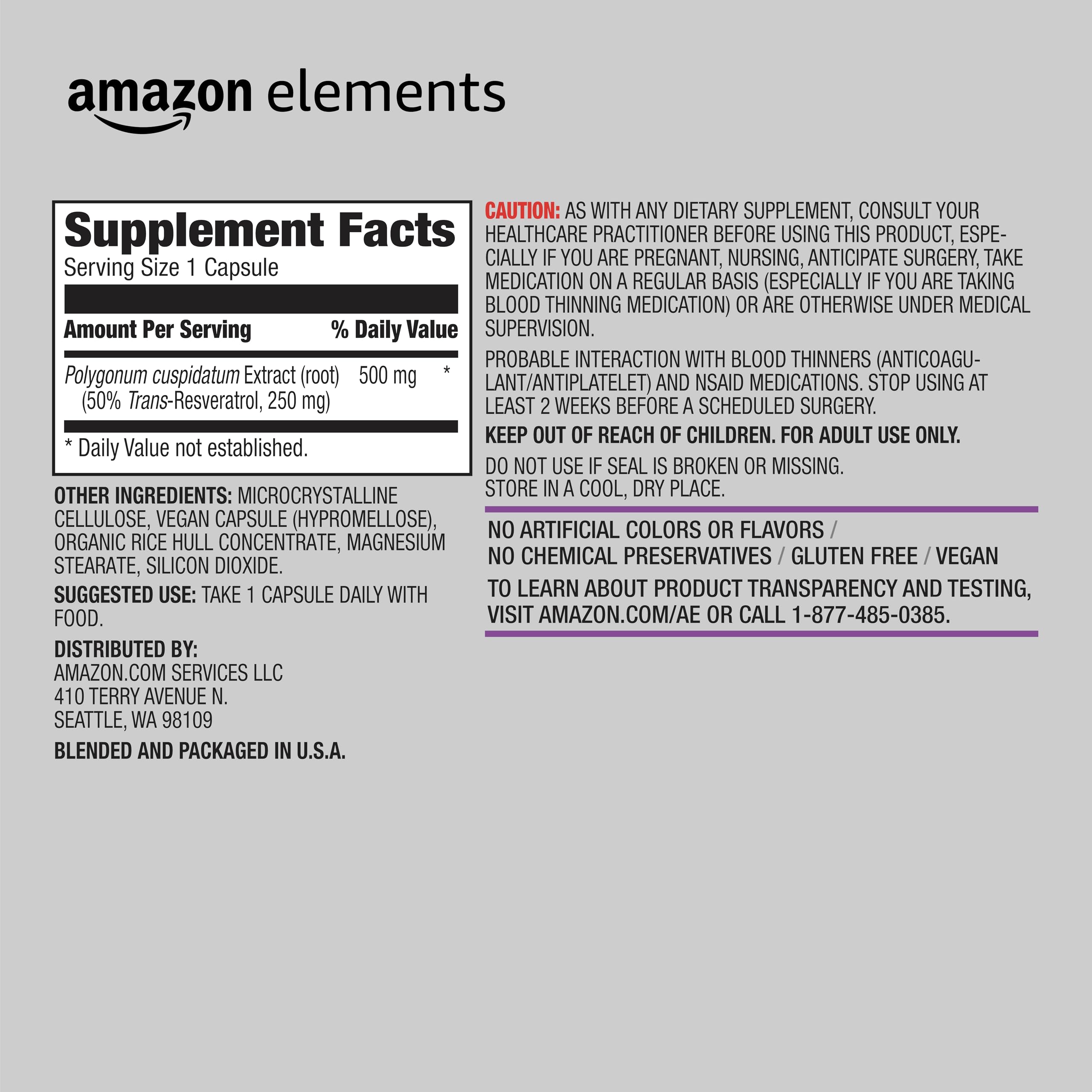 Elements Trans-Resveratrol Supplement bottle with label details