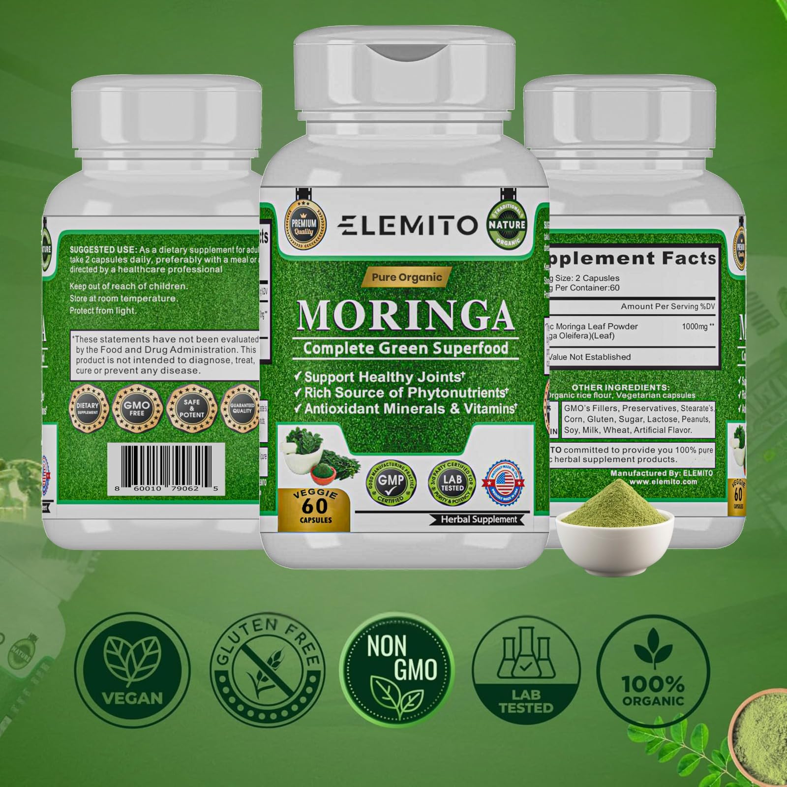 ELEMITO Moringa Oleifera Leaf Powder Capsules on a wooden table