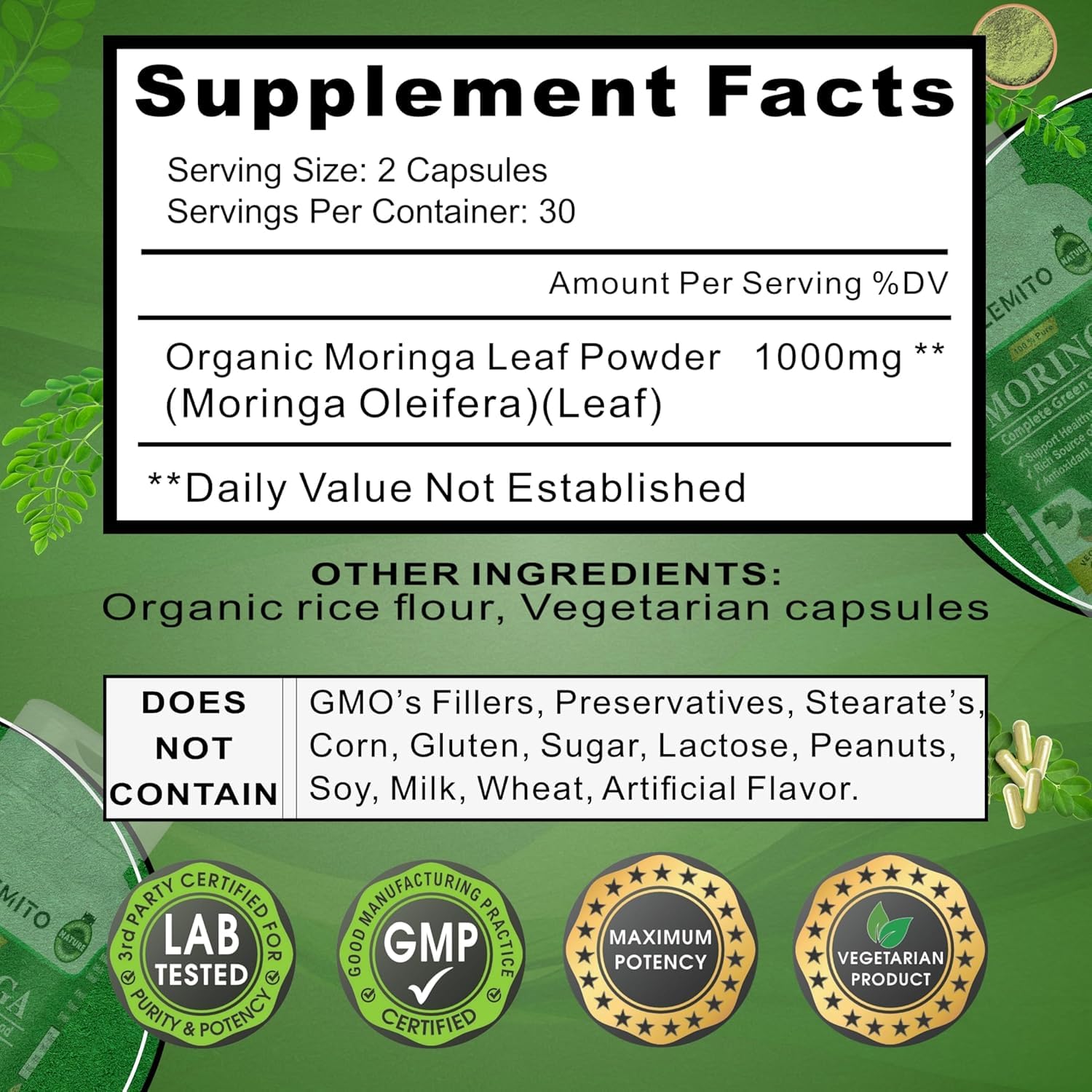 ELEMITO Moringa Oleifera Leaf Powder Capsules side view