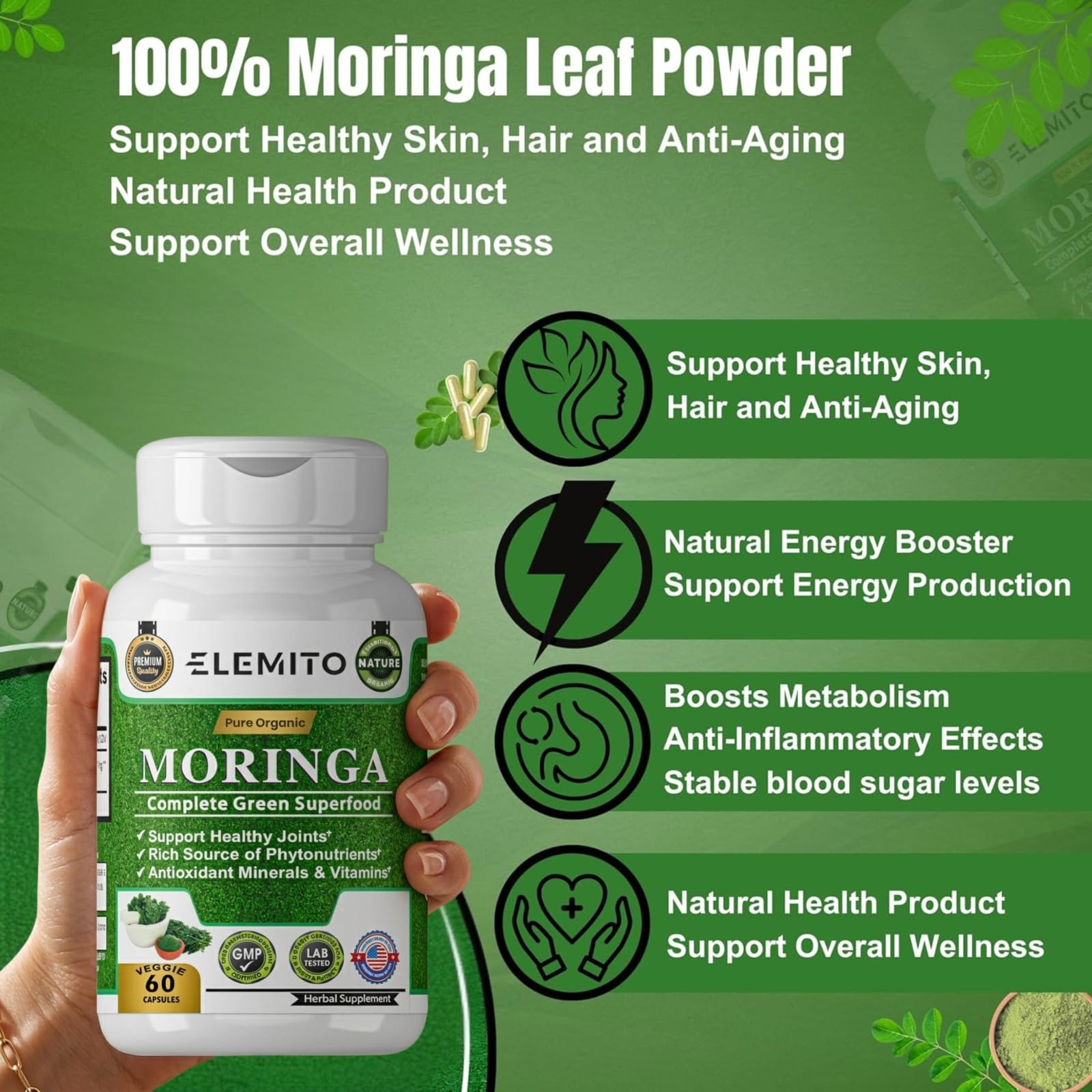 ELEMITO Moringa Oleifera Leaf Powder Capsules with measuring spoon