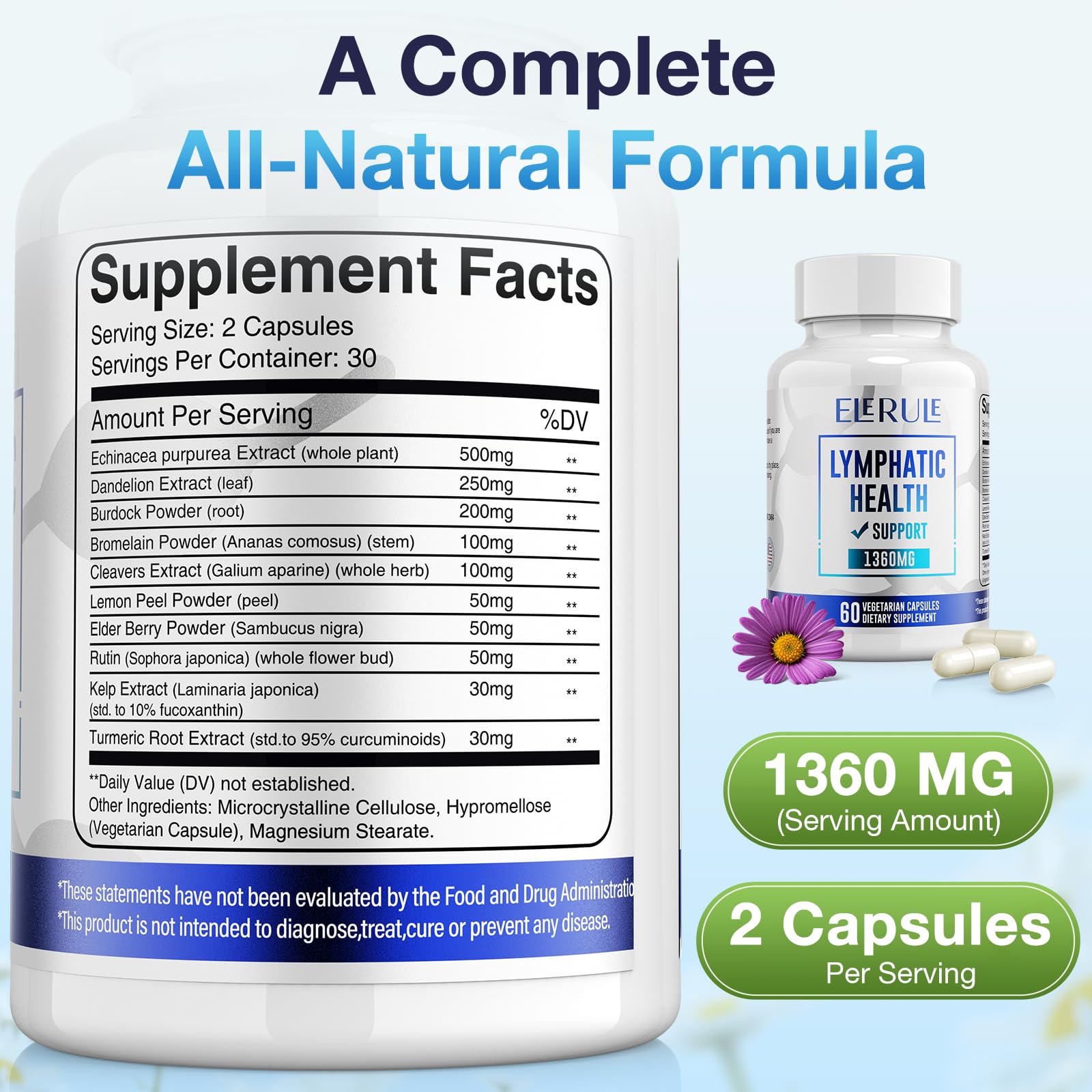 ELERULE Echinacea Lymphatic Support Capsules on a wooden table