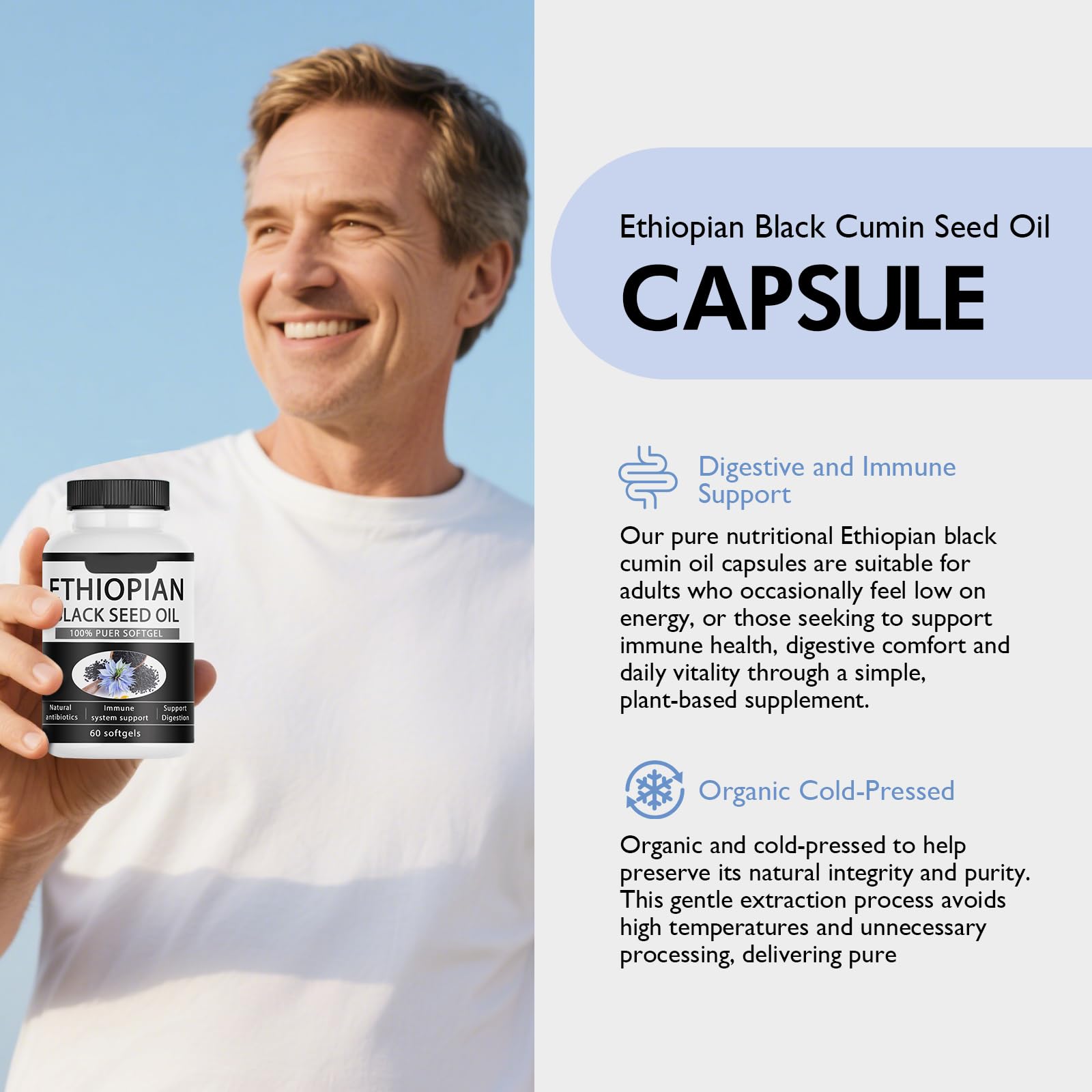 elesysy Black Seed Oil Softgels lifestyle scene with water