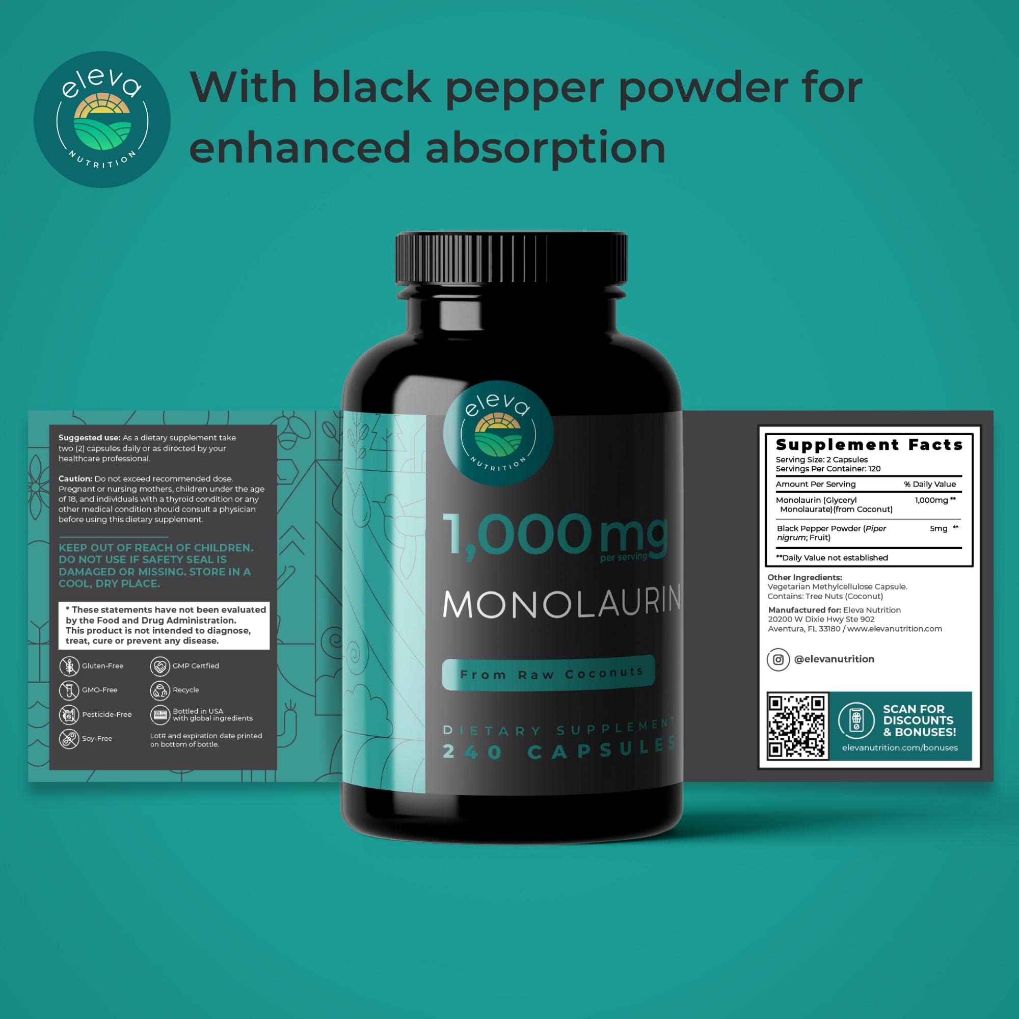 Eleva Nutrition Monolaurin Capsules on a wooden table