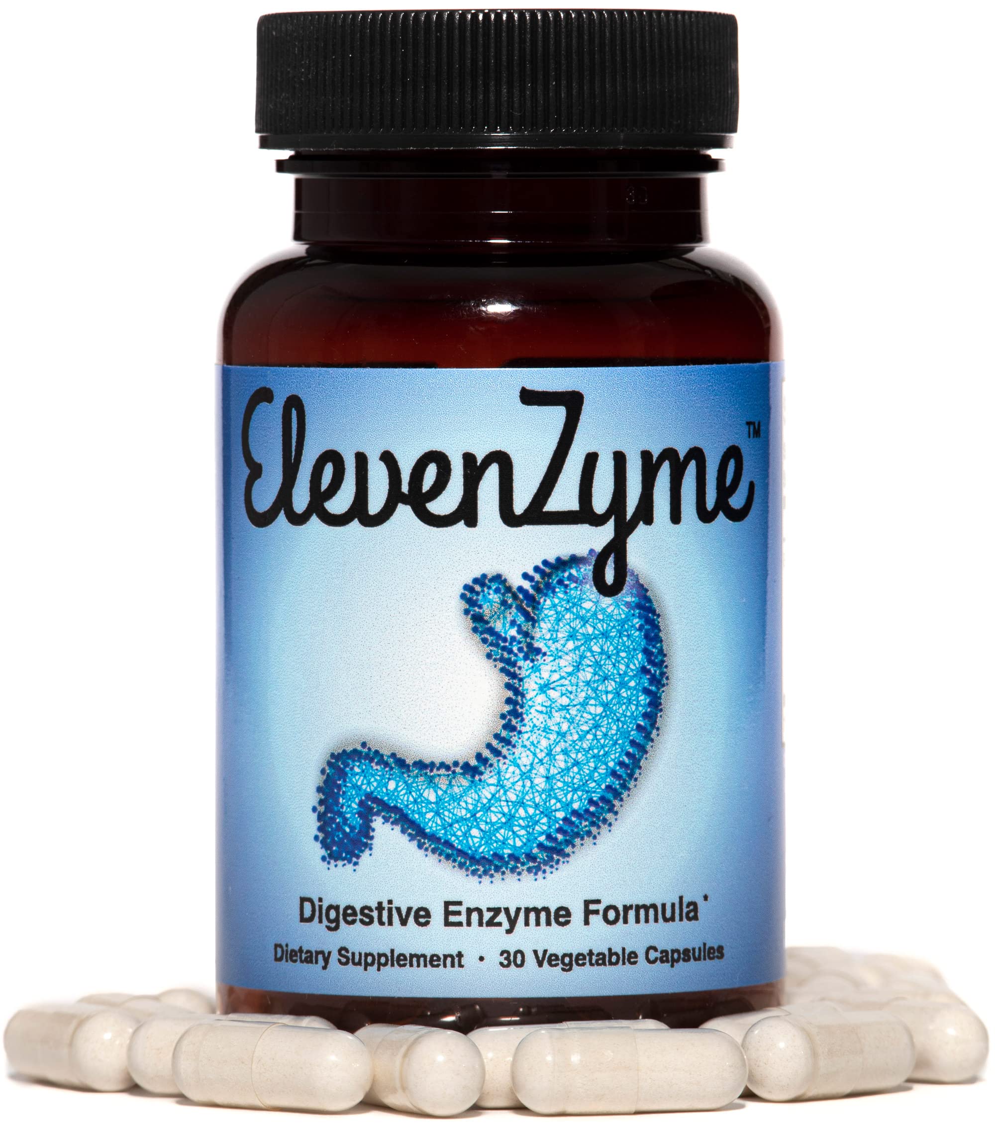 ElevenZyme Multi-Enzyme Supplement on a wooden table