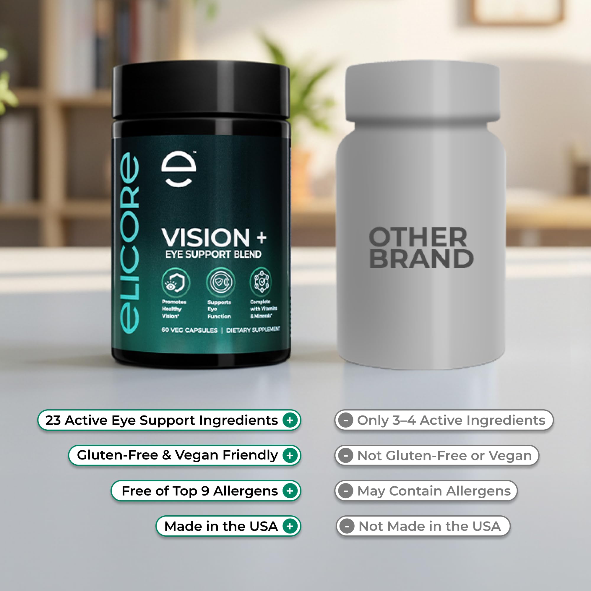 ELICORE Vision+ Eye Support Blend with a glass of water