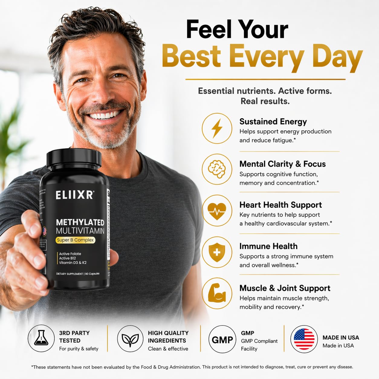 Eliixr Complete Methylated Multivitamin on a wooden table