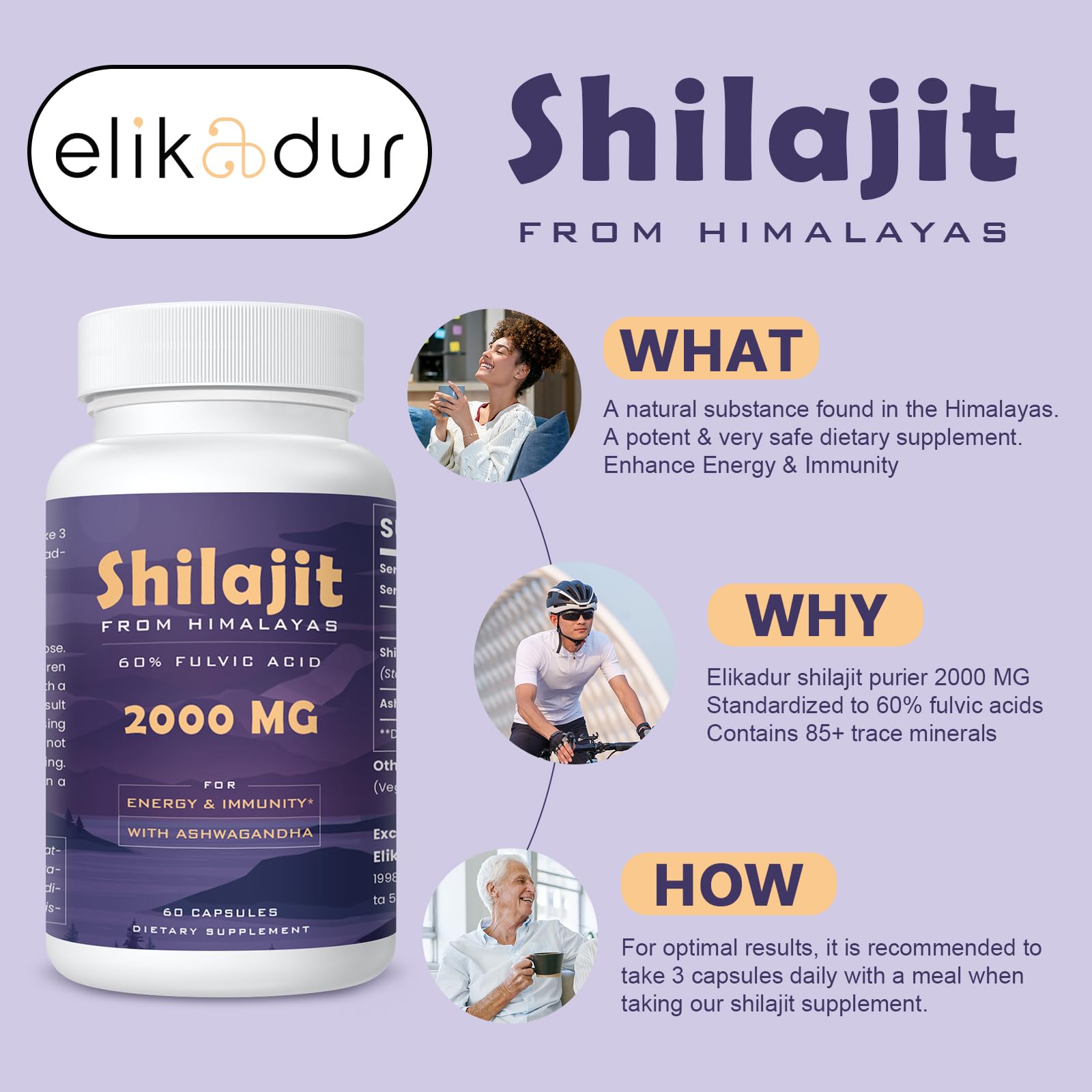 Elikadur Shilajit Capsules 2000mg with Ashwagandha ingredients
