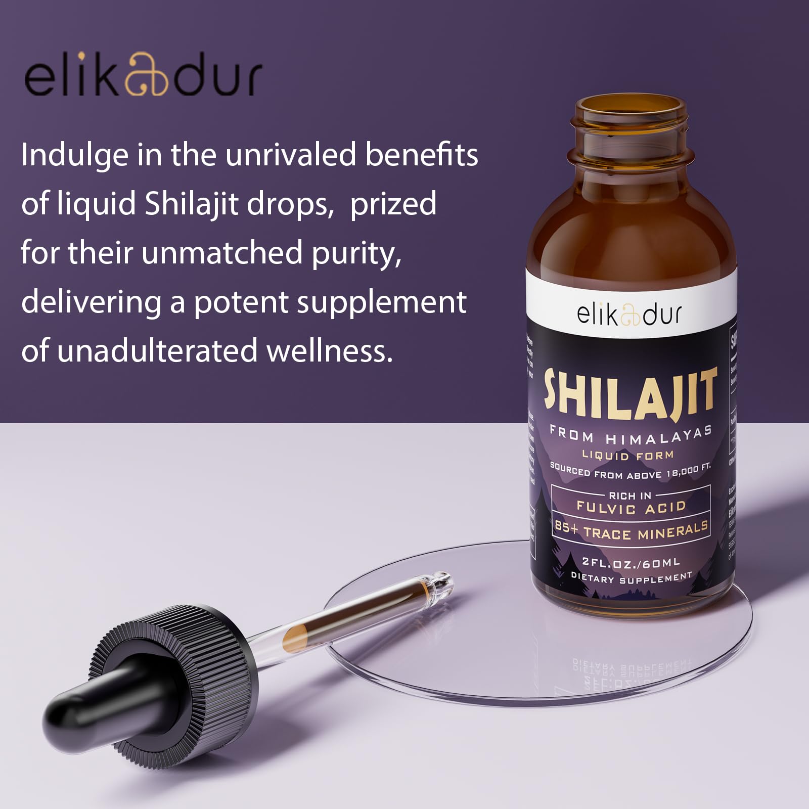 Elikadur Shilajit drops with Himalayan background