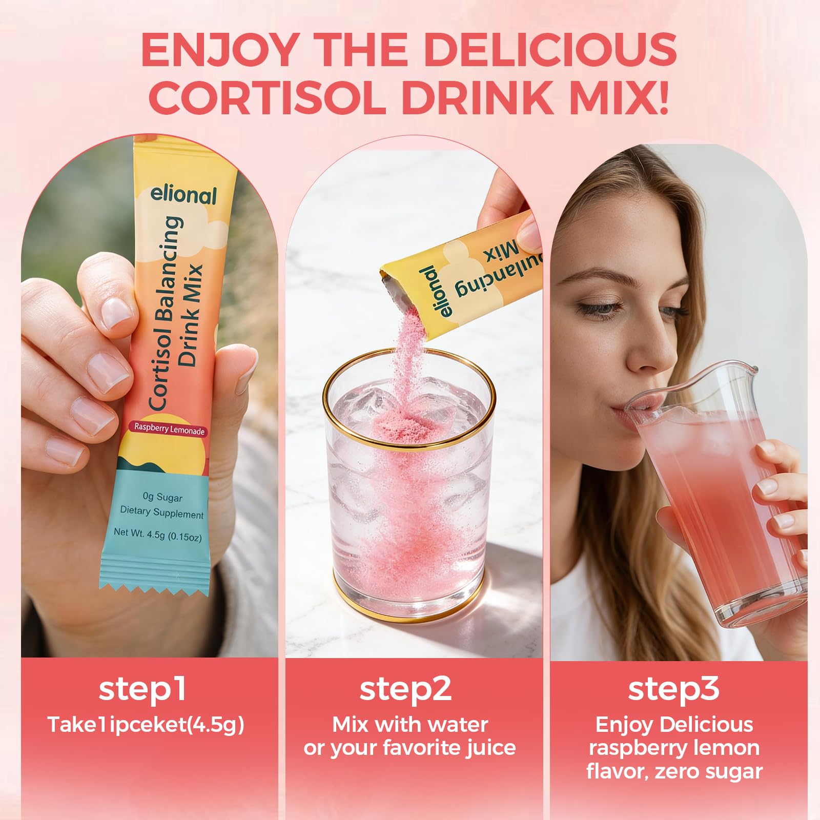 elional Daily Calming Drink Mix preparation on a kitchen counter