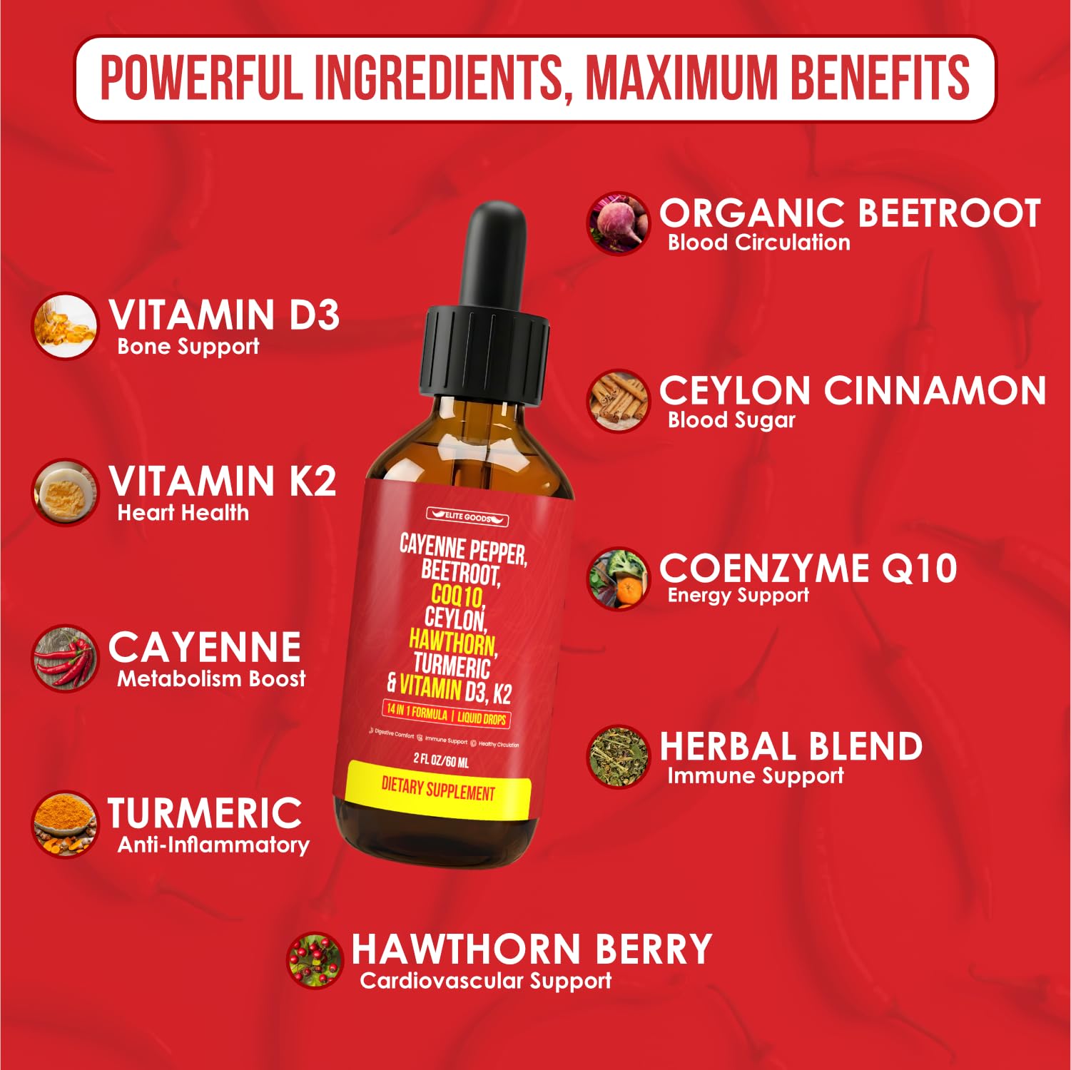 Elite Goods Cayenne Pepper Herbal Supplement 60ml bottle with dropper