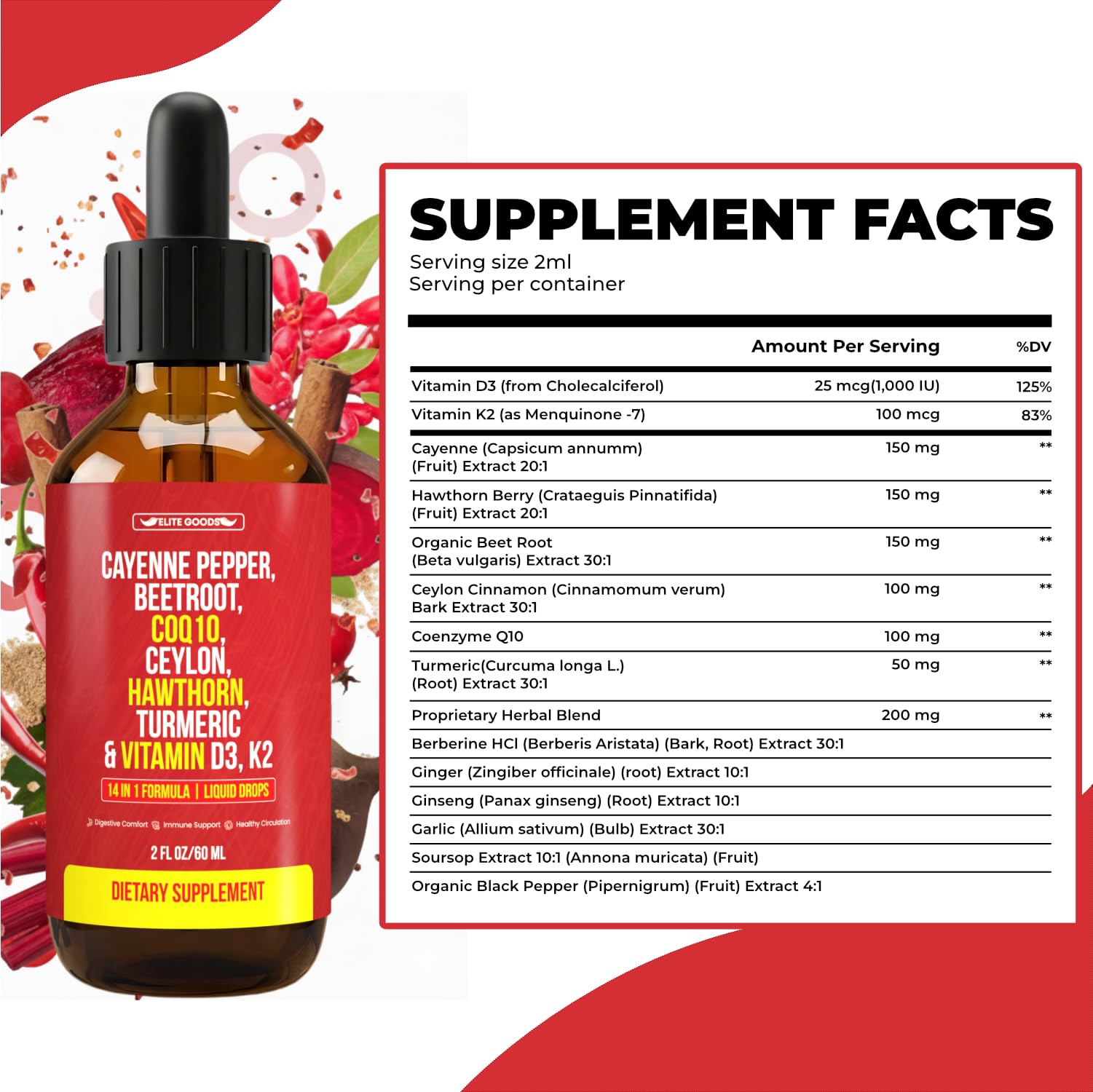 Elite Goods Cayenne Pepper Herbal Supplement 60ml with packaging