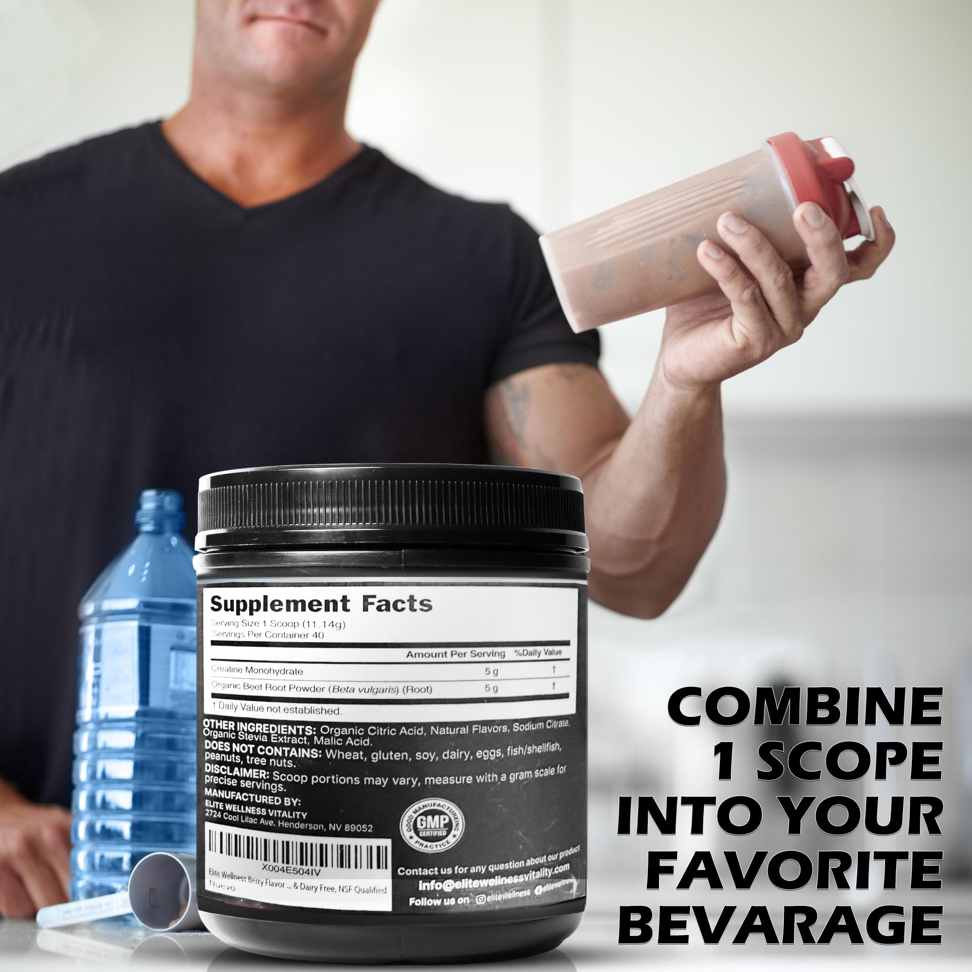ELITE WELLNESS VITALITY Creatine Monohydrate 445g on a gym table