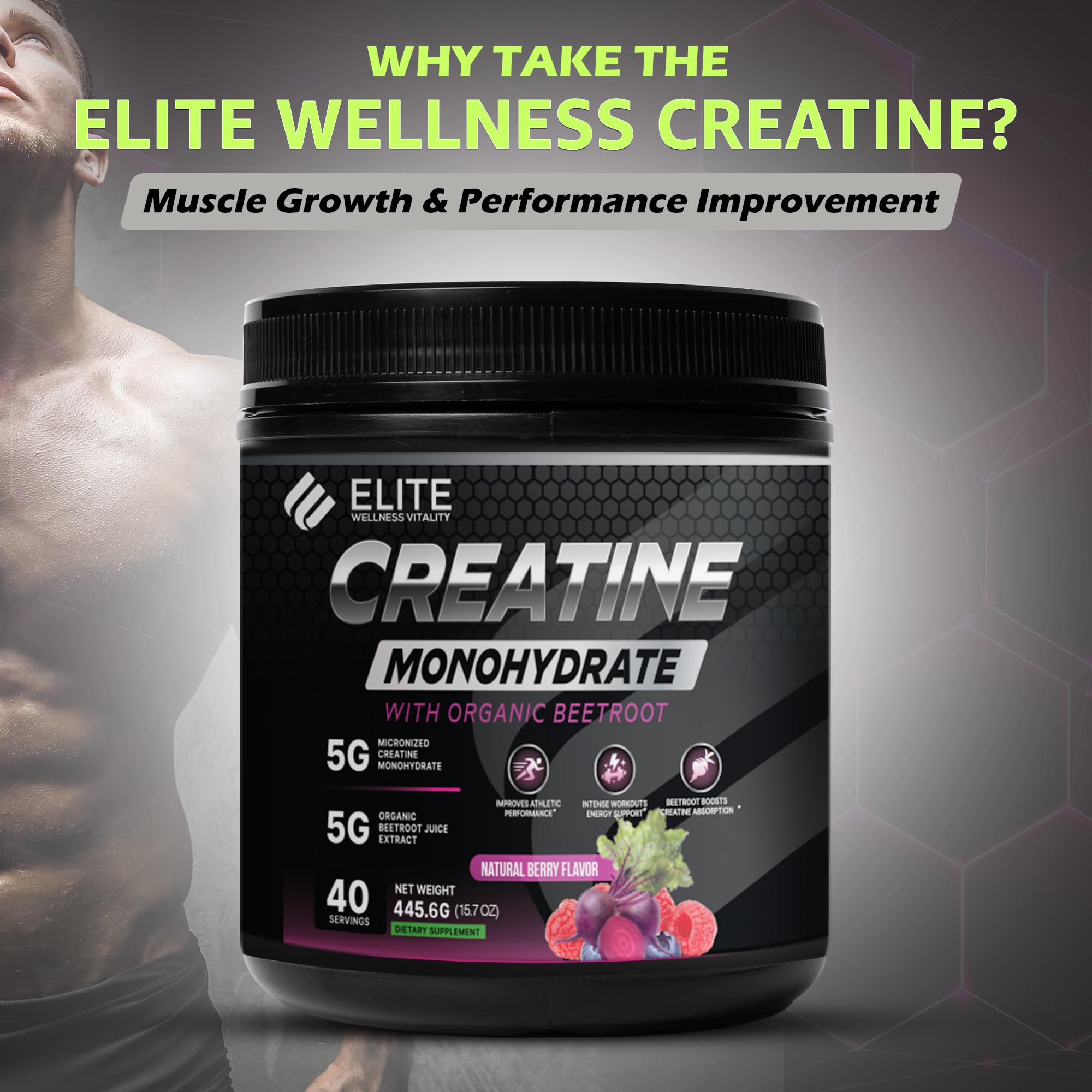 ELITE WELLNESS VITALITY Creatine Monohydrate 445g product label