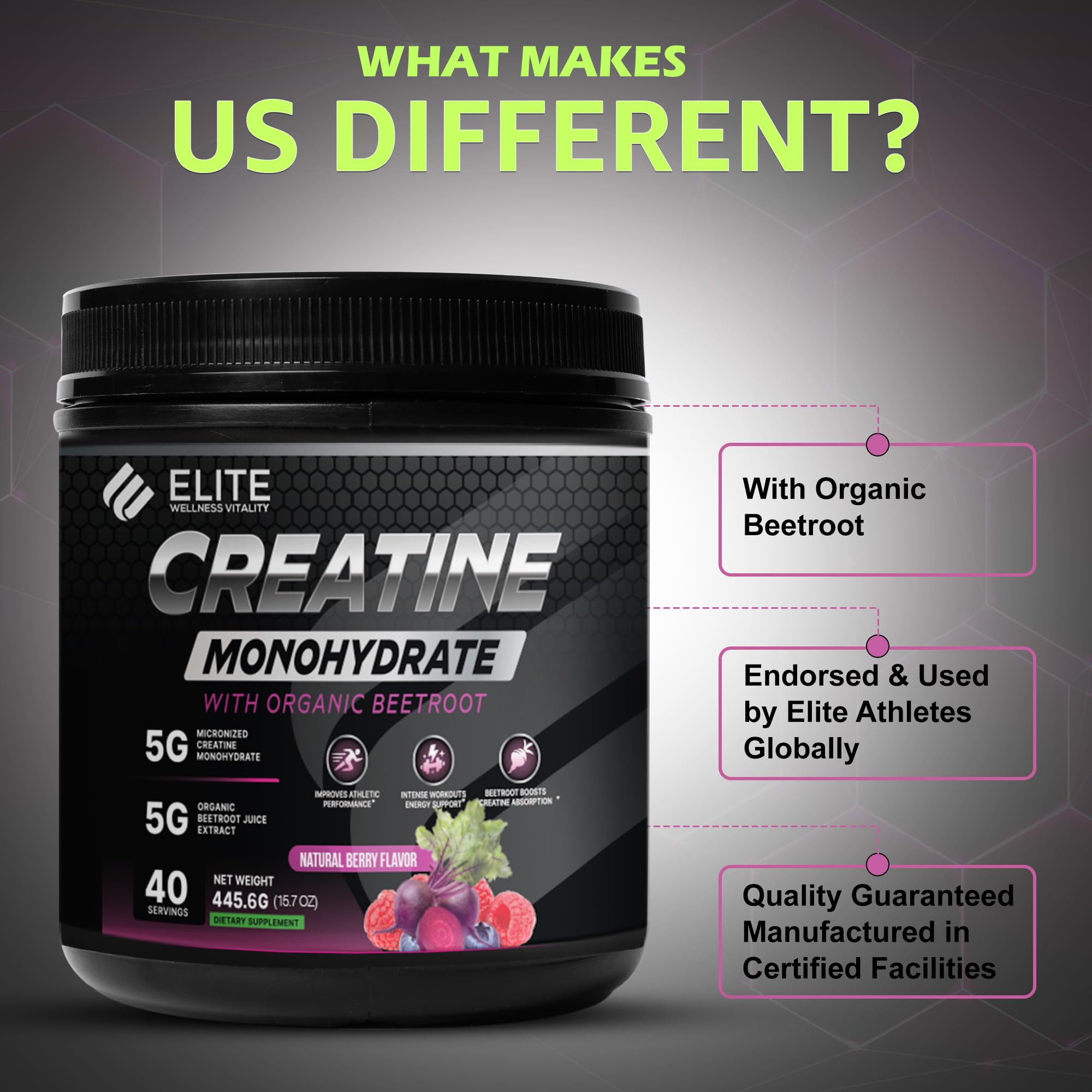 ELITE WELLNESS VITALITY Creatine Monohydrate 445g with beetroot extract