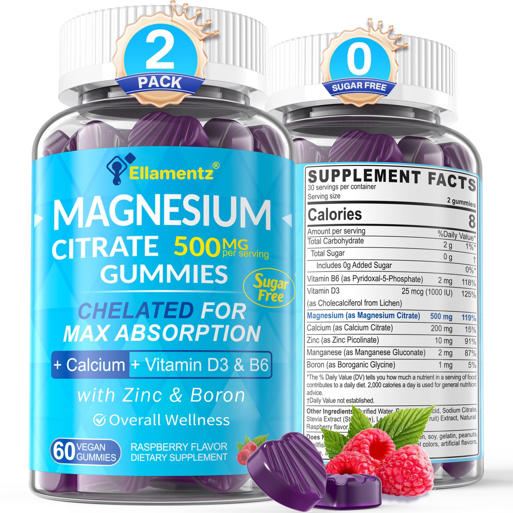 ELLAMENTZ Magnesium Citrate Gummies front view with packaging